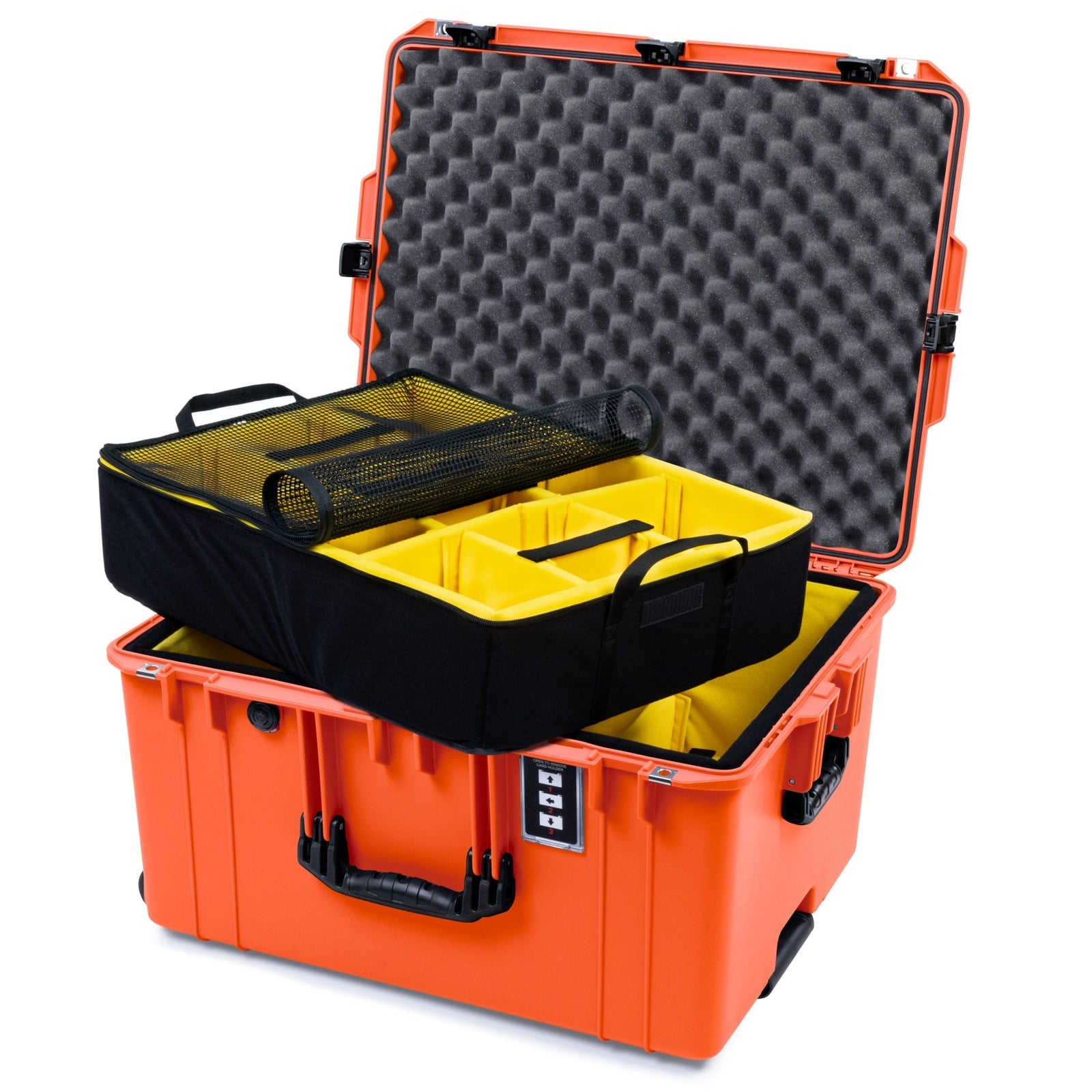 Pelican 1637 Air Case - Orange & Black Trolley - 2 - Layer Yellow Padded Microfiber Dividers / Convolute Lid Foam