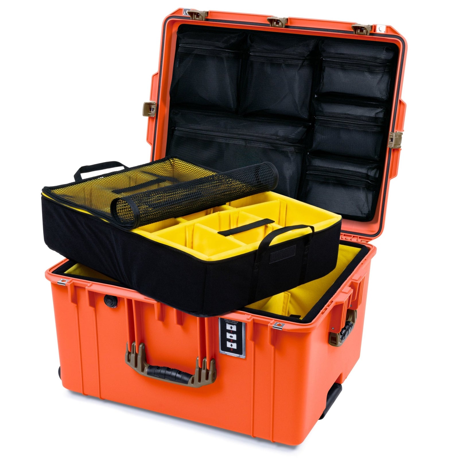 Pelican 1637 Air Case - Orange & Dark Desert Dirt Trolley - 2 - Layer Yellow Padded Microfiber Dividers / Mesh Lid Organizer