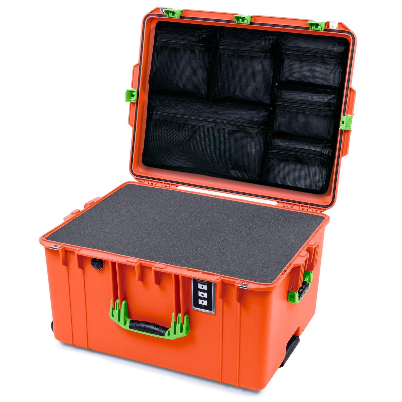 Pelican 1637 Air Case - Orange & Lime Green Trolley - Pick & Pluck Foam / Mesh Lid Organizer