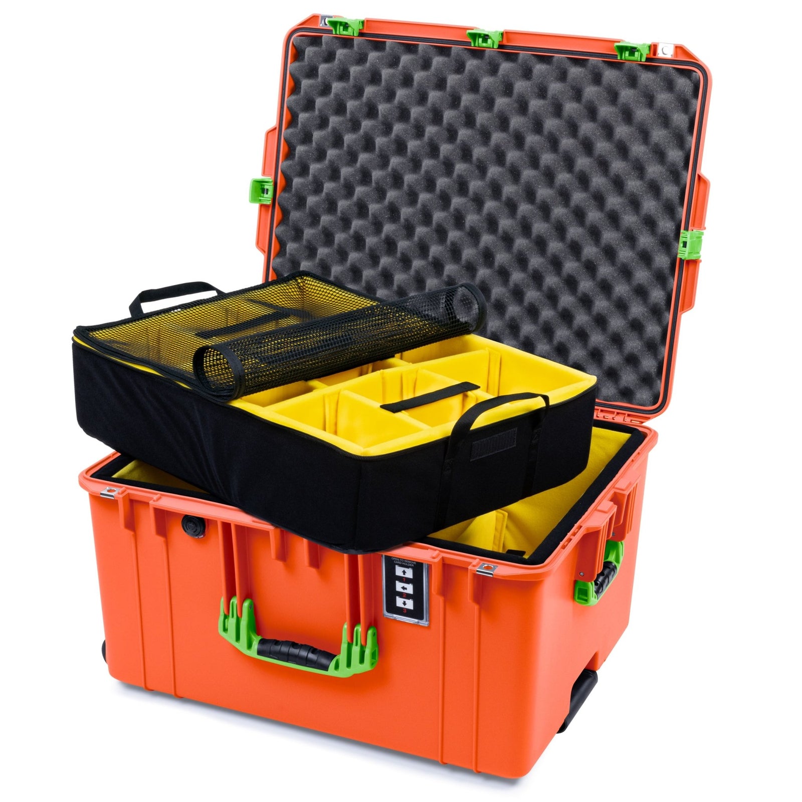 Pelican 1637 Air Case - Orange & Lime Green Trolley - 2 - Layer Yellow Padded Microfiber Dividers / Convolute Lid Foam