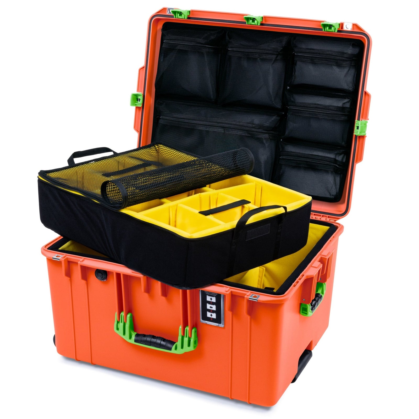 Pelican 1637 Air Case - Orange & Lime Green Trolley - 2 - Layer Yellow Padded Microfiber Dividers / Mesh Lid Organizer