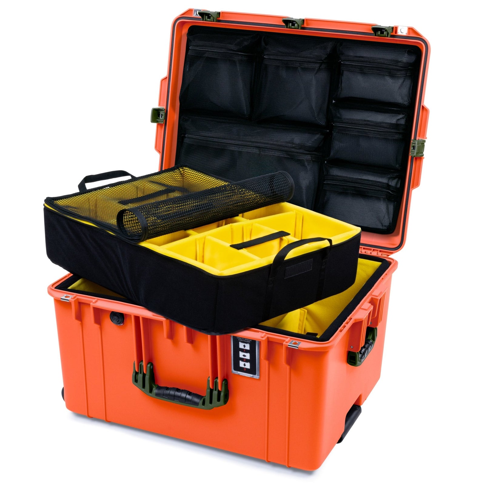 Pelican 1637 Air Case - Orange & OD Green - 2 - Layer Yellow Padded Microfiber Dividers / Mesh Lid Organizer