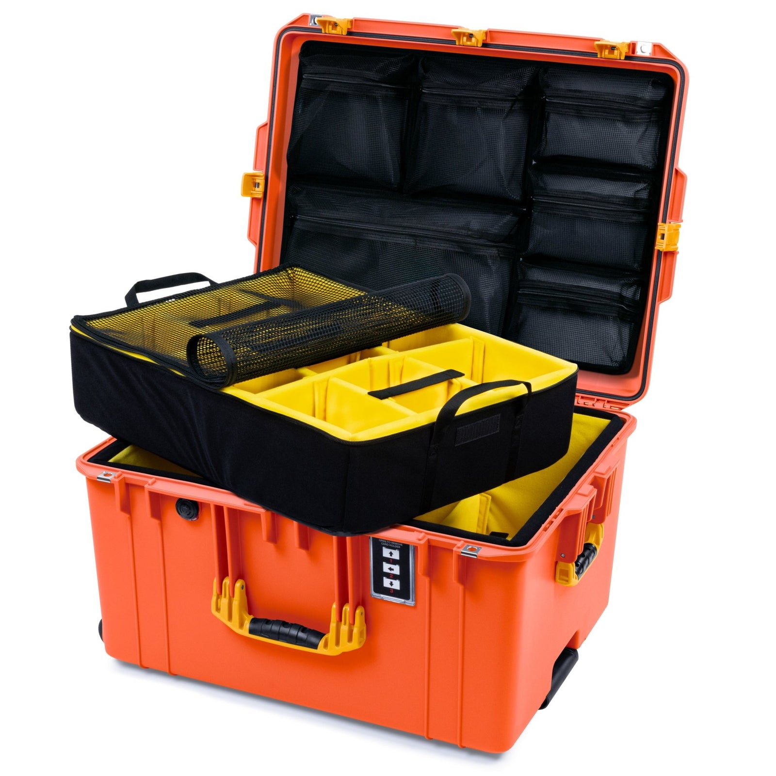 Pelican 1637 Air Case - Orange & Yellow Trolley - 2 - Layer Yellow Padded Microfiber Dividers / Mesh Lid Organizer
