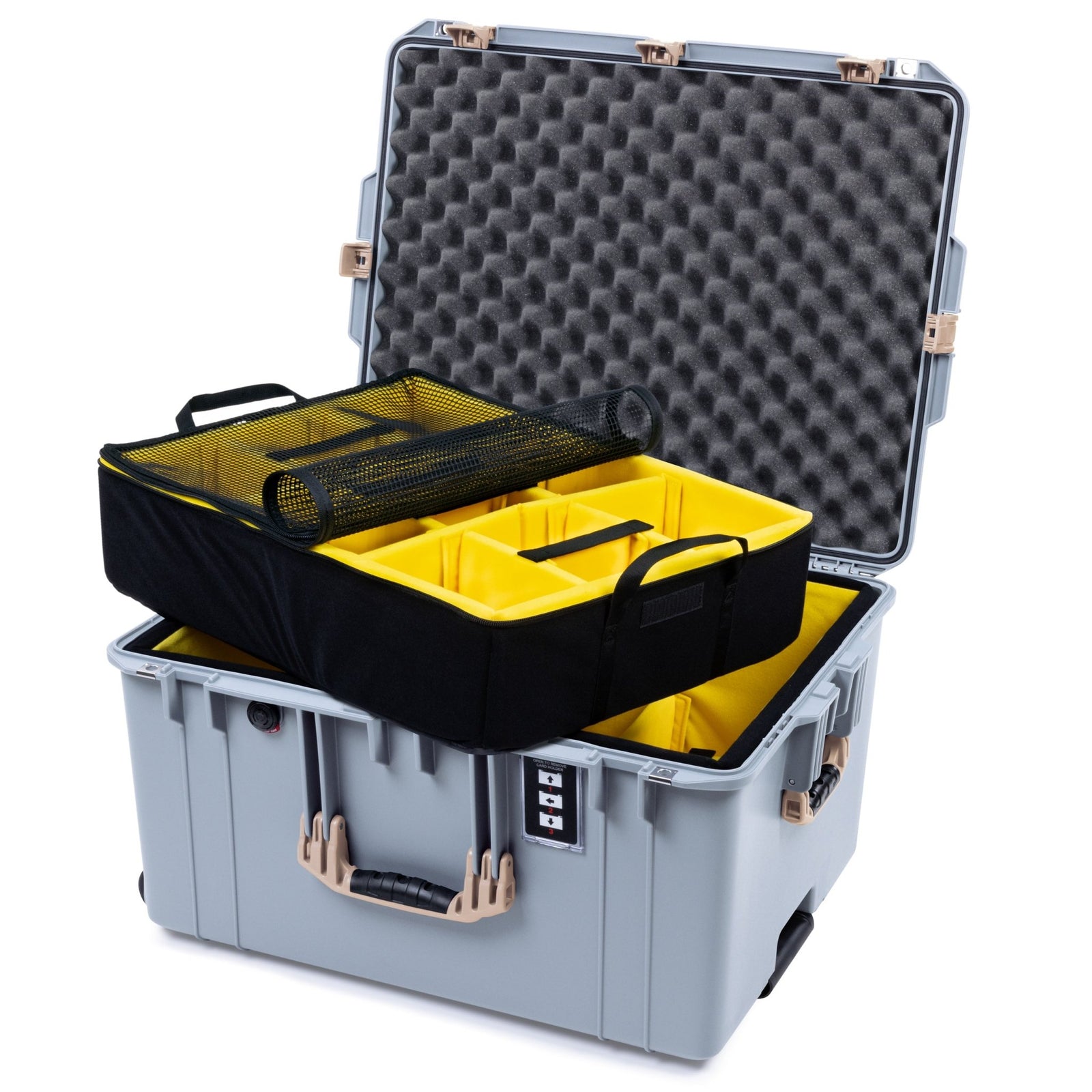 Pelican 1637 Air Case - Silver & Desert Tan Trolley - 2 - Layer Yellow Padded Microfiber Dividers / Convolute Lid Foam