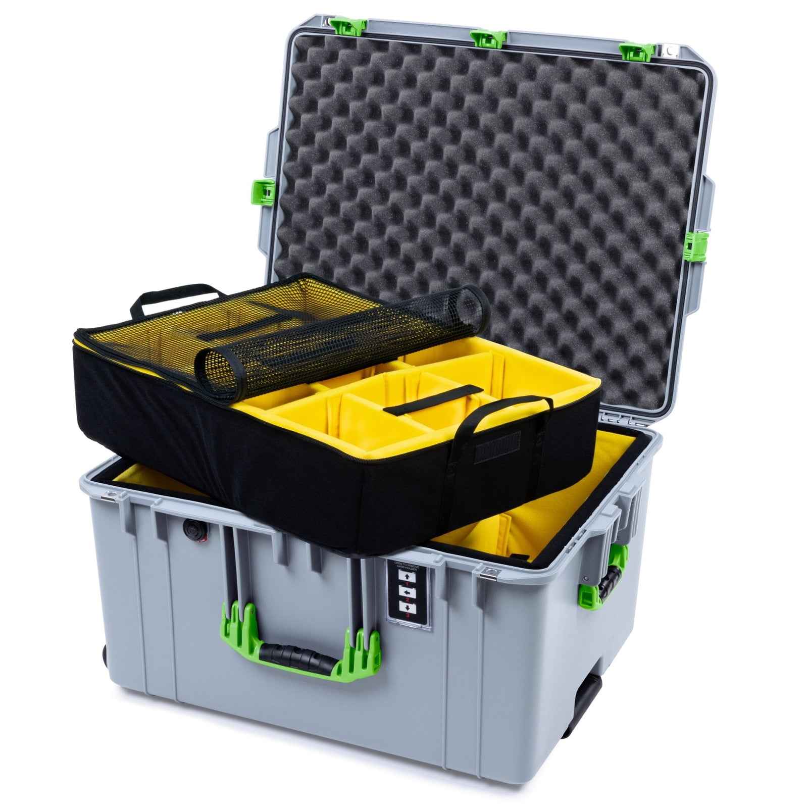 Pelican 1637 Air Case - Silver & Lime Green Trolley - 2 - Layer Yellow Padded Microfiber Dividers / Convolute Lid Foam