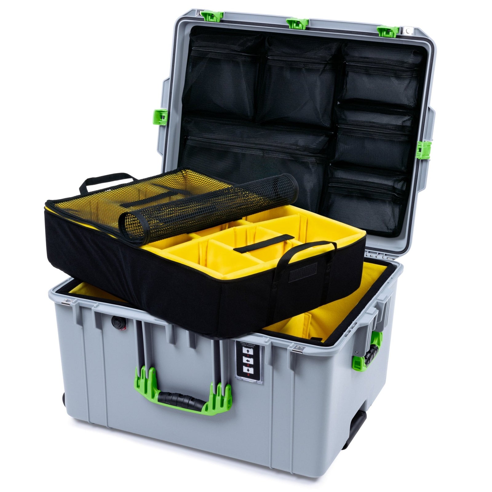 Pelican 1637 Air Case - Silver & Lime Green Trolley - 2 - Layer Yellow Padded Microfiber Dividers / Mesh Lid Organizer