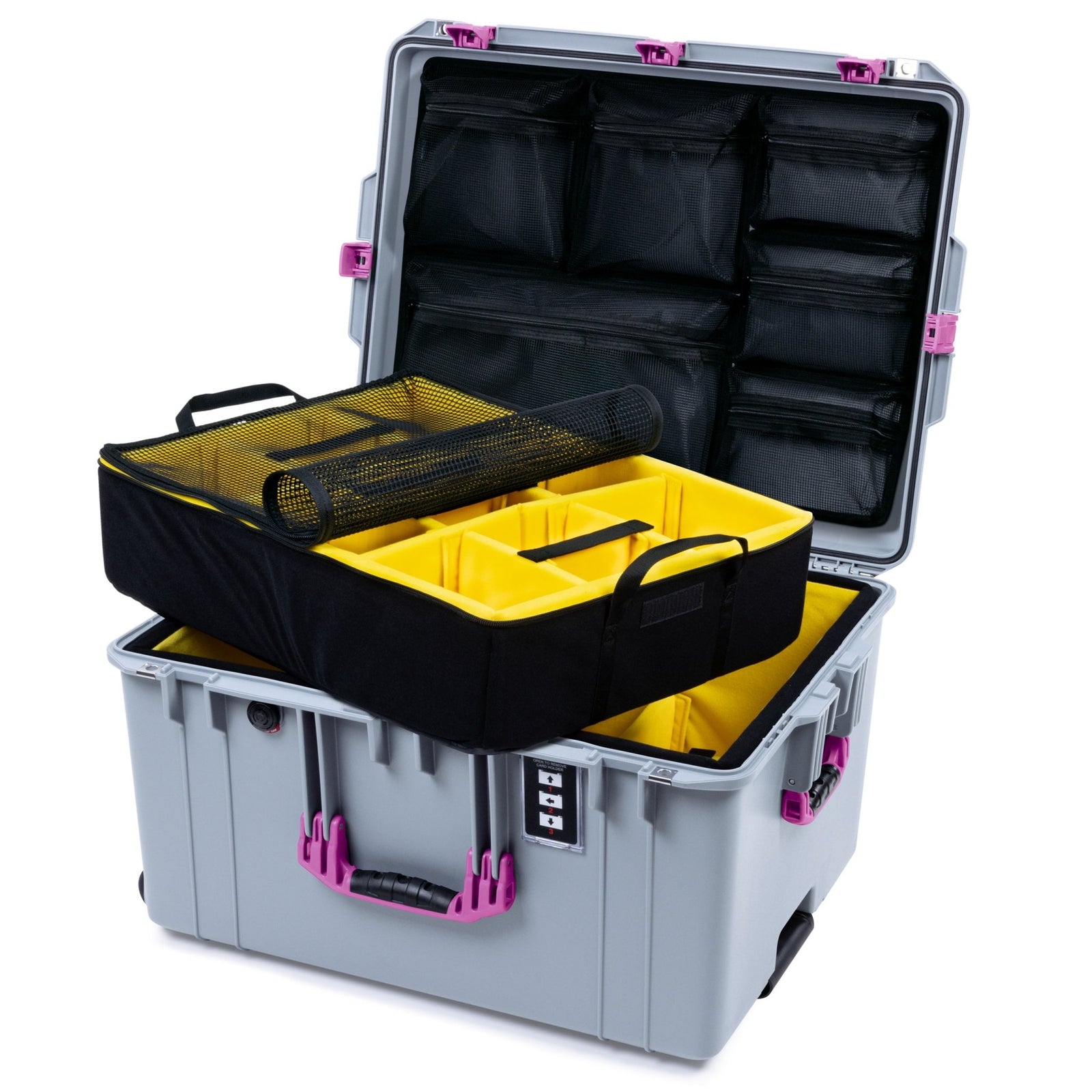 Pelican 1637 Air Case - Silver & Magenta - 2 - Layer Yellow Padded Microfiber Dividers / Mesh Lid Organizer