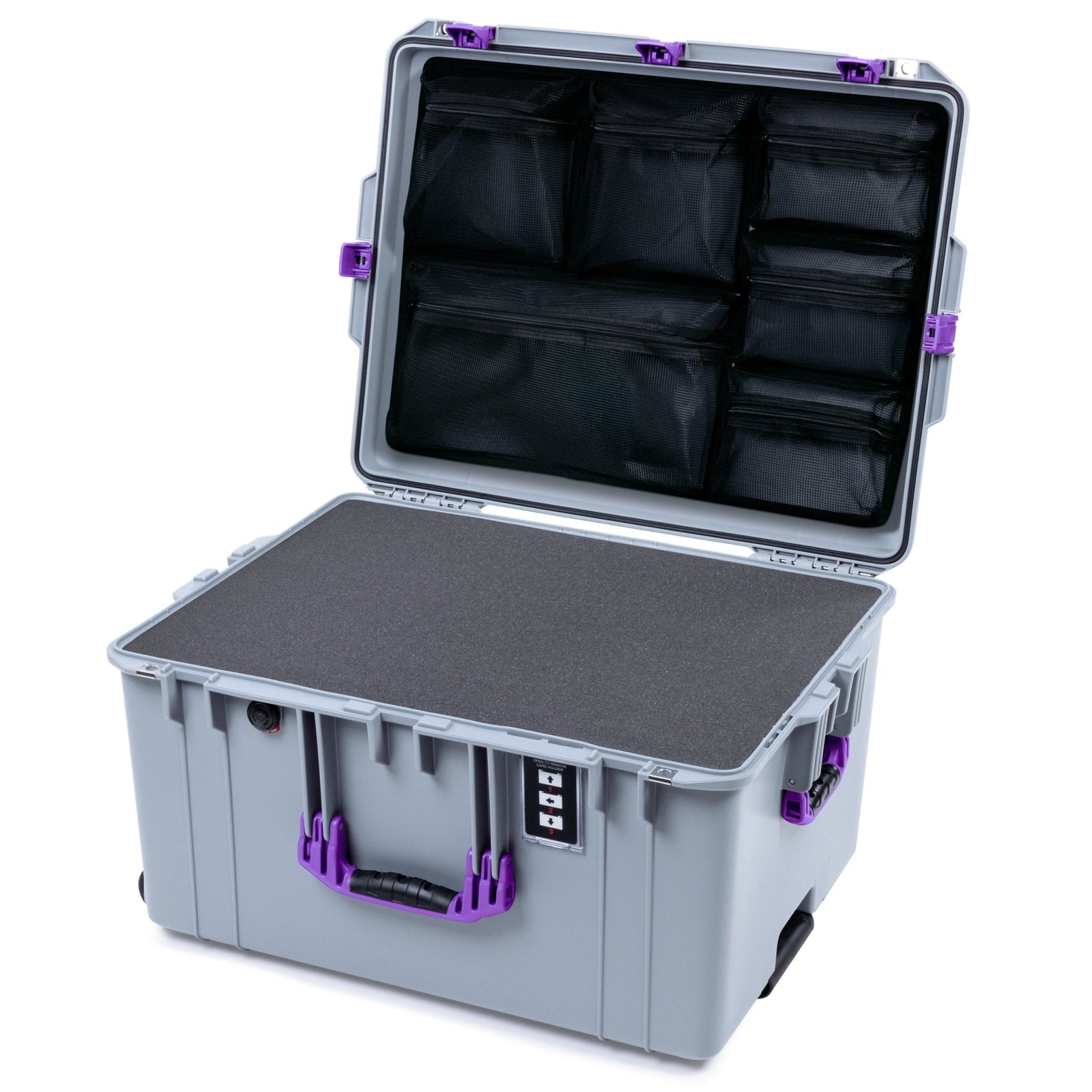 Pelican 1637 Air Case - Silver & Purple Trolley - Pick & Pluck Foam / Mesh Lid Organizer