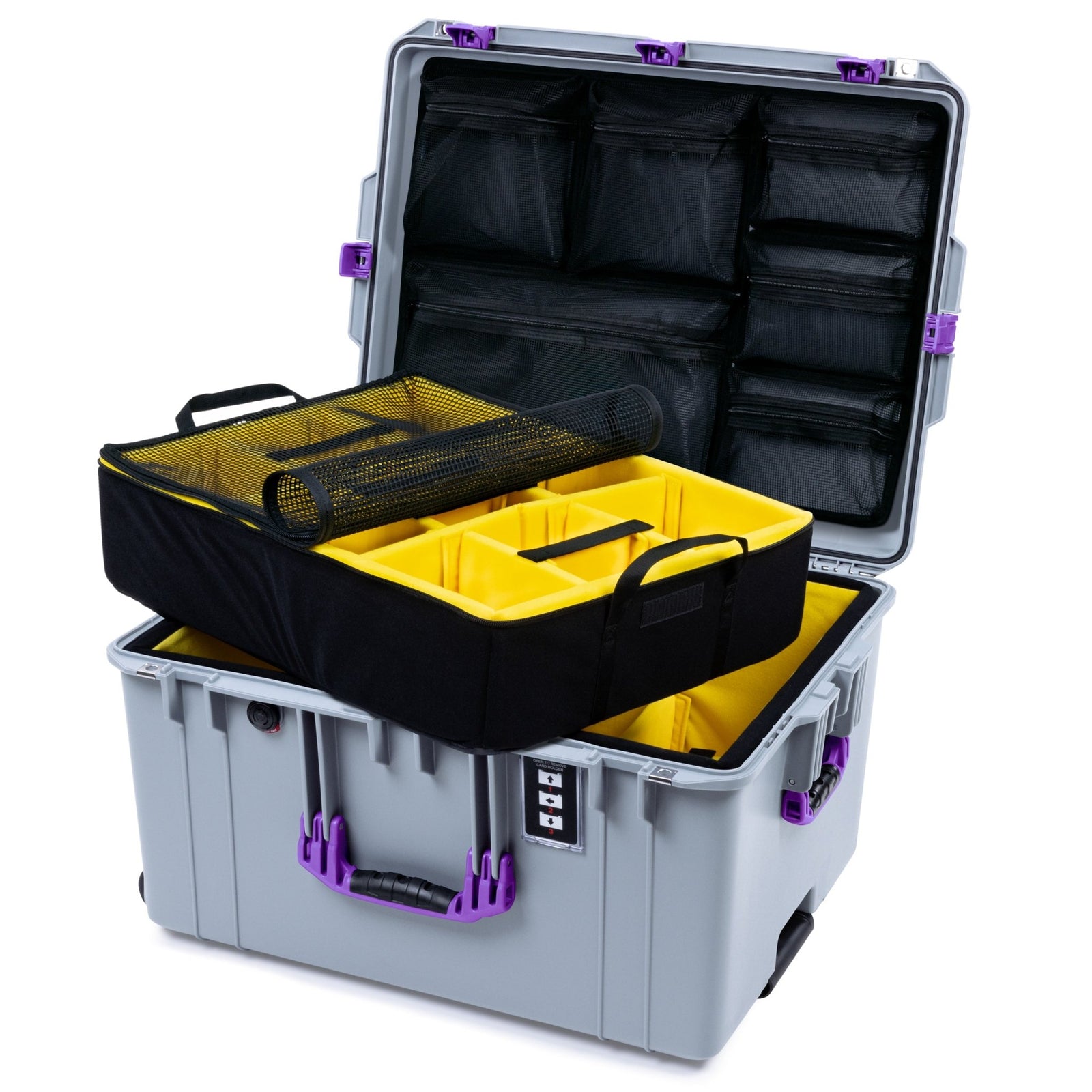 Pelican 1637 Air Case - Silver & Purple Trolley - 2 - Layer Yellow Padded Microfiber Dividers / Mesh Lid Organizer