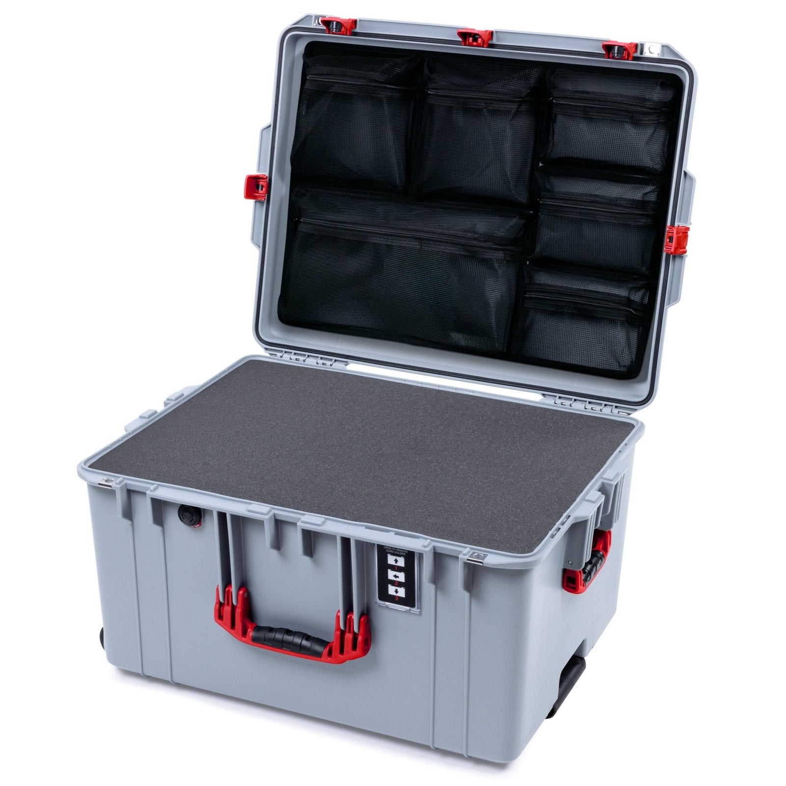 Pelican 1637 Air Case - Silver & Red TSA Latches + Trolley - Pick & Pluck Foam / Mesh Lid Organizer