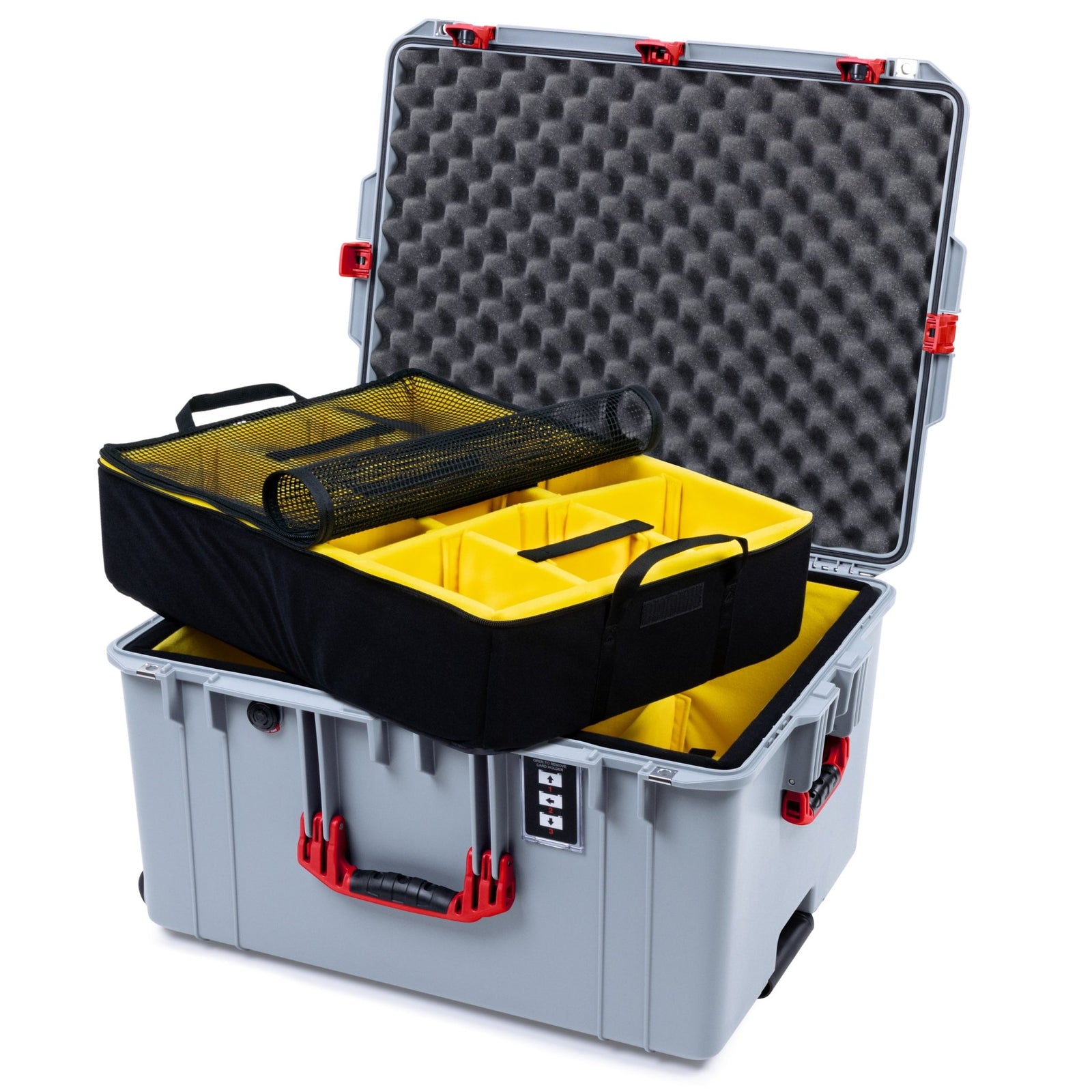 Pelican 1637 Air Case - Silver & Red TSA Latches + Trolley - 2 - Layer Yellow Padded Microfiber Dividers / Convolute Lid Foam