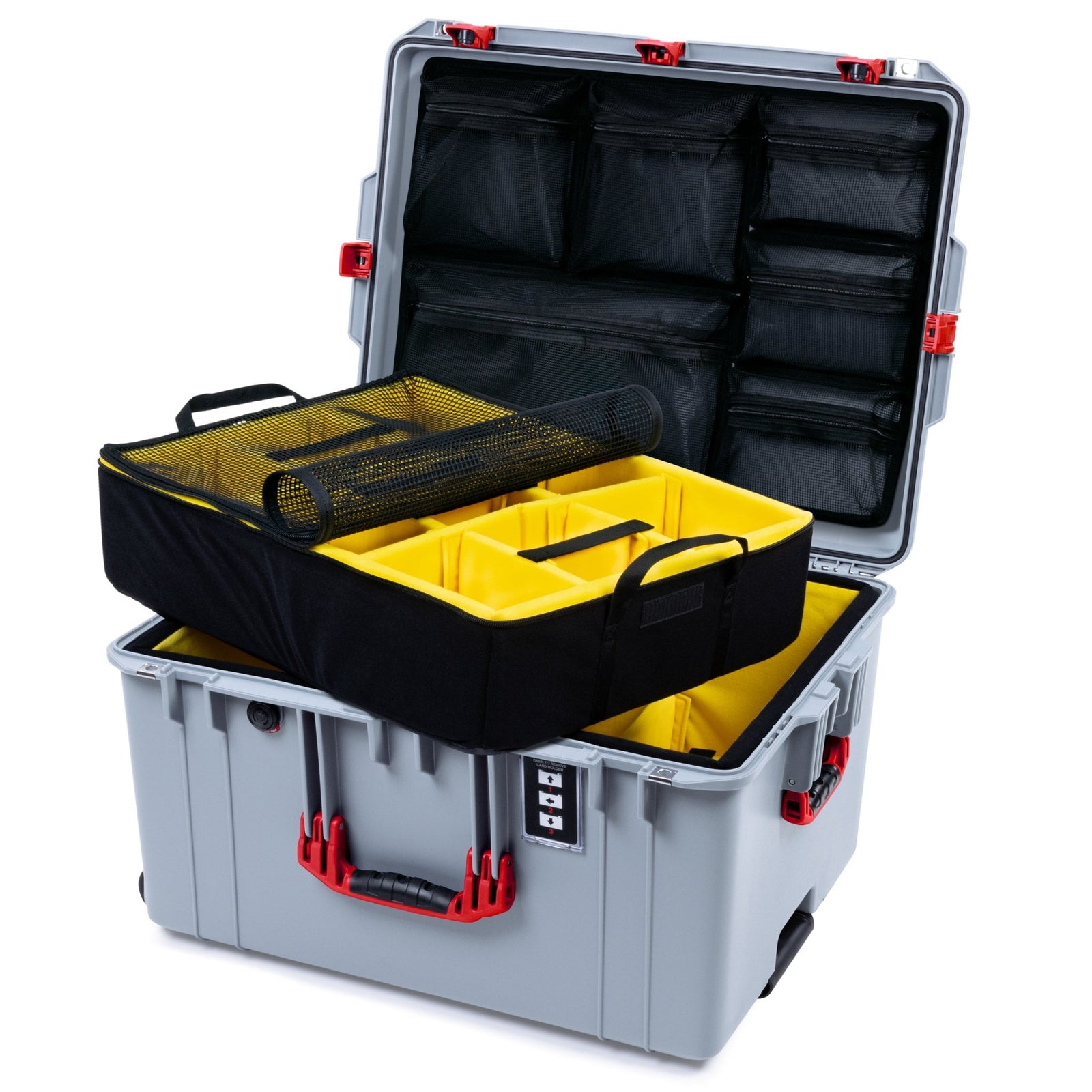 Pelican 1637 Air Case - Silver & Red TSA Latches - 2 - Layer Yellow Padded Microfiber Dividers / Mesh Lid Organizer
