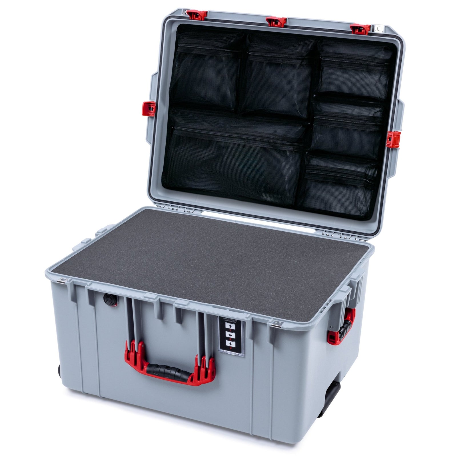 Pelican 1637 Air Case - Silver & Red Trolley - Pick & Pluck Foam / Mesh Lid Organizer