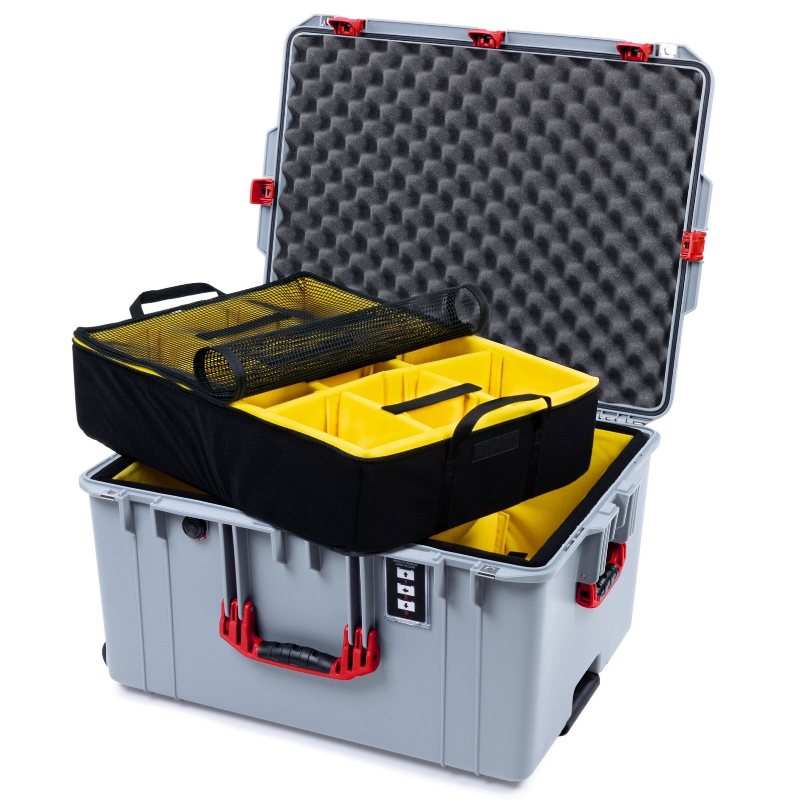 Pelican 1637 Air Case - Silver & Red Trolley - 2 - Layer Yellow Padded Microfiber Dividers / Convolute Lid Foam
