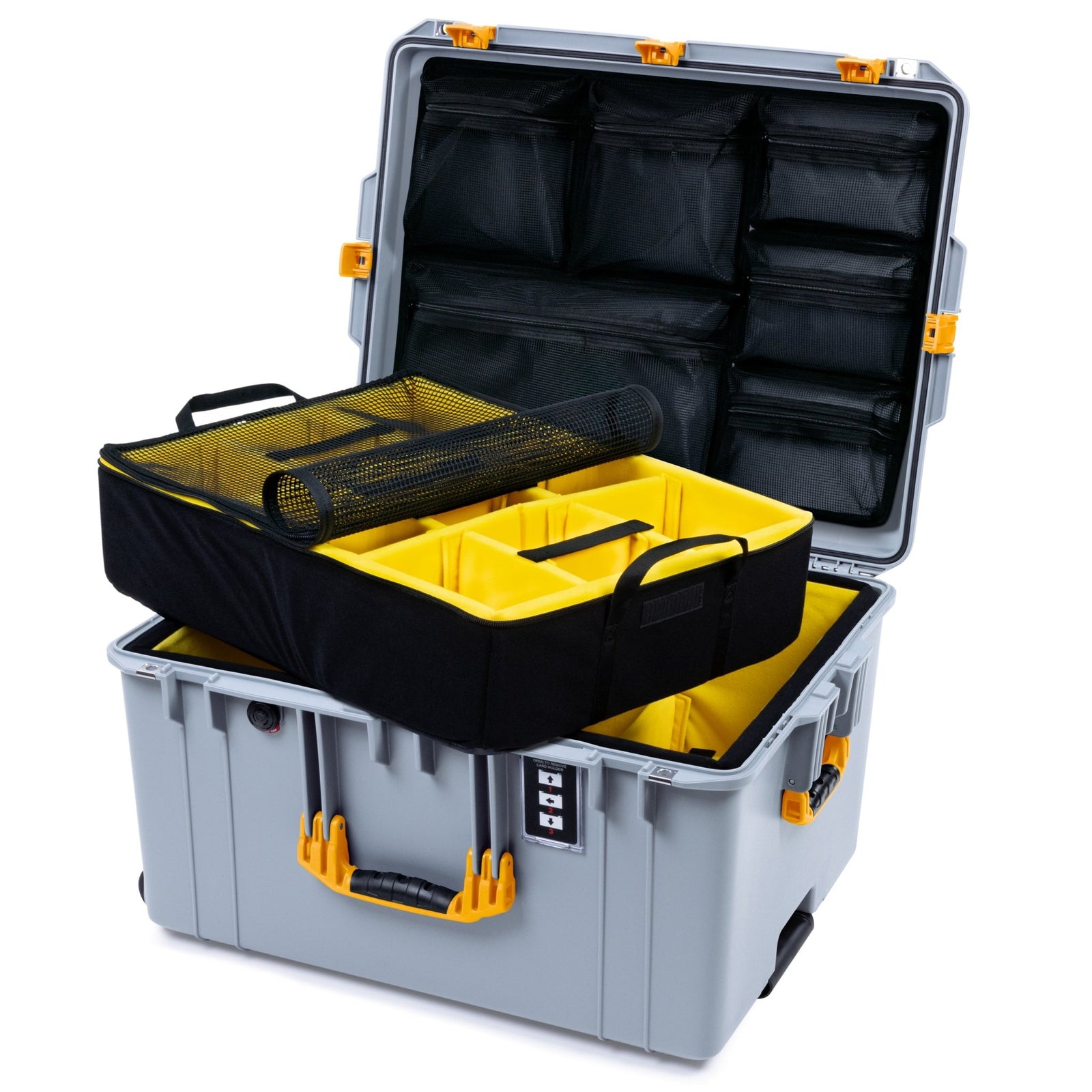 Pelican 1637 Air Case - Silver & Yellow Trolley - 2 - Layer Yellow Padded Microfiber Dividers / Mesh Lid Organizer