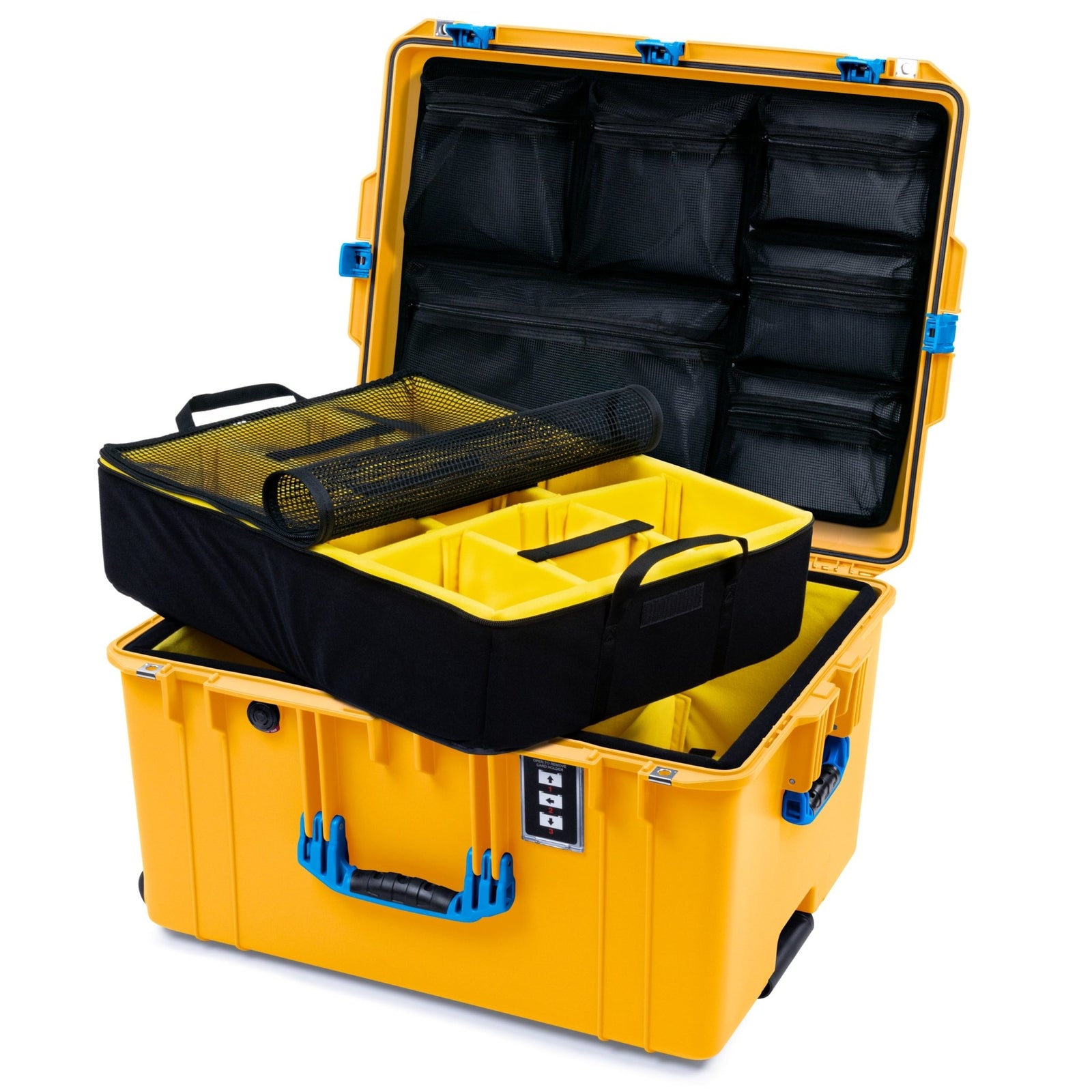 Pelican 1637 Air Case - Yellow & Blue Trolley - 2 - Layer Yellow Padded Microfiber Dividers / Mesh Lid Organizer