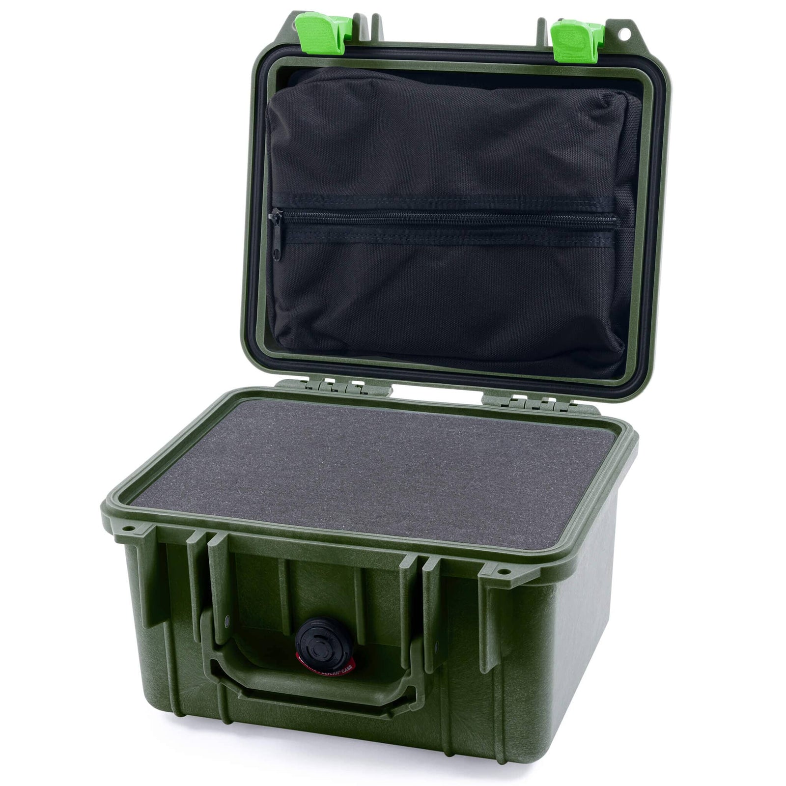 Pelican 1300 Case, OD Green with Lime Green Latches Pick & Pluck Foam with Zipper Lid Pouch ColorCase 013000-0101-130-300