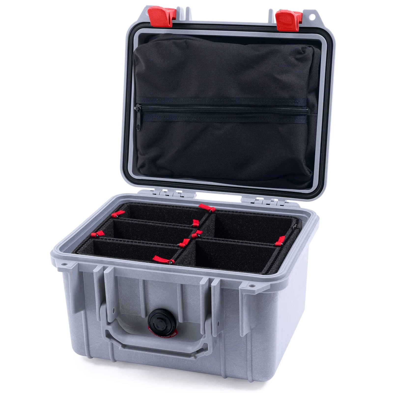 Pelican 1300 Case, Silver with Red Latches TrekPak Divider System with Zipper Lid Pouch ColorCase 013000-0120-180-320