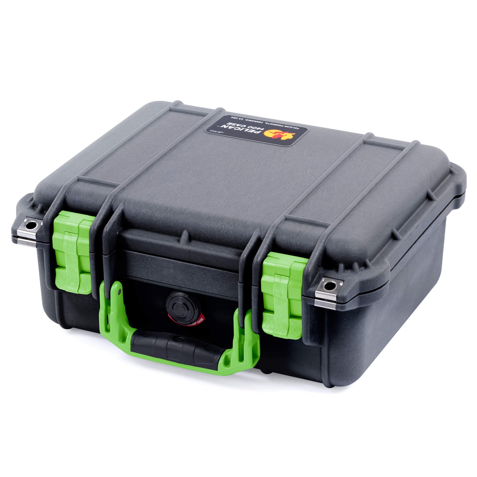 Pelican 1400 Protector Case - Black Case with Lime Green Handle and Latches - Upright View