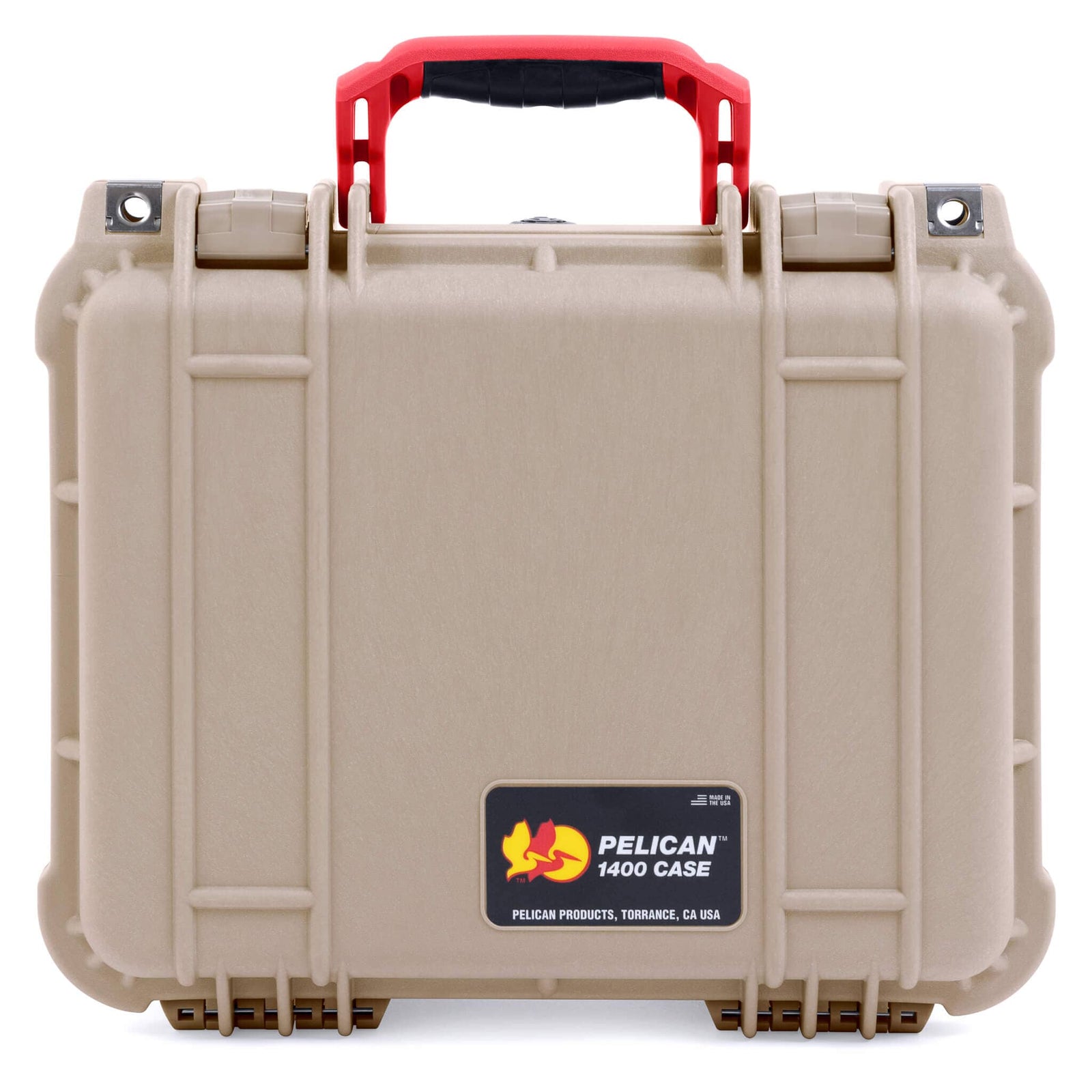 Pelican 1400 Case - Desert Tan & Red - Upright Front View