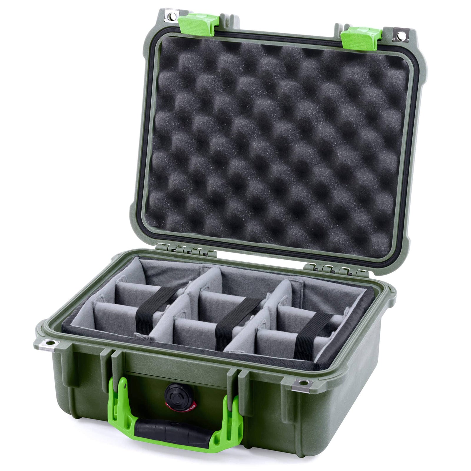 Pelican 1400 Case - OD Green & Lime Green - Padded Microfiber Dividers / Convolute Lid Foam