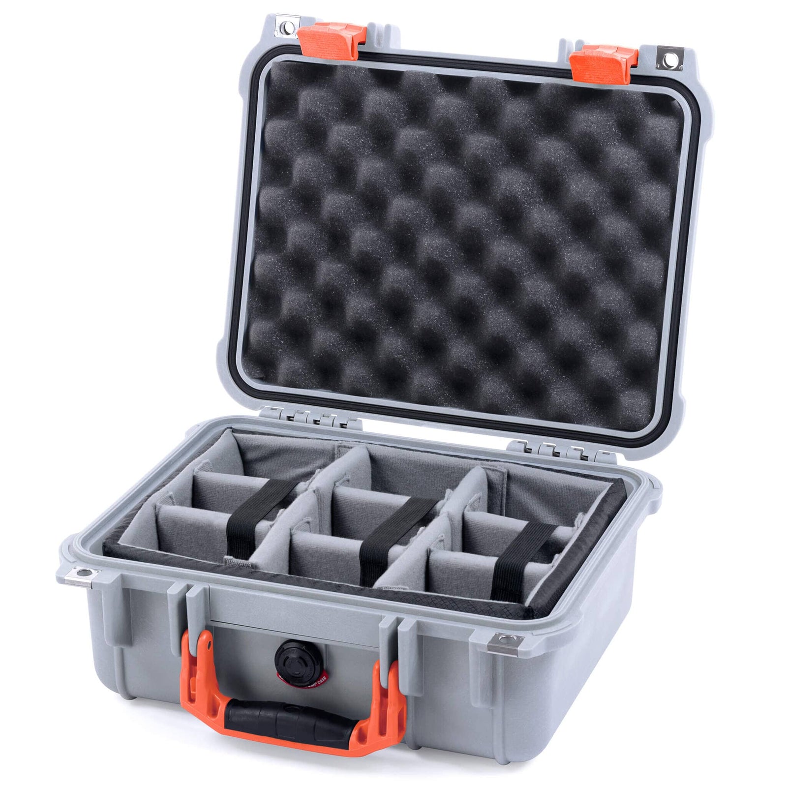Pelican 1400 Case - Silver & Orange - Padded Microfiber Dividers / Convolute Lid Foam