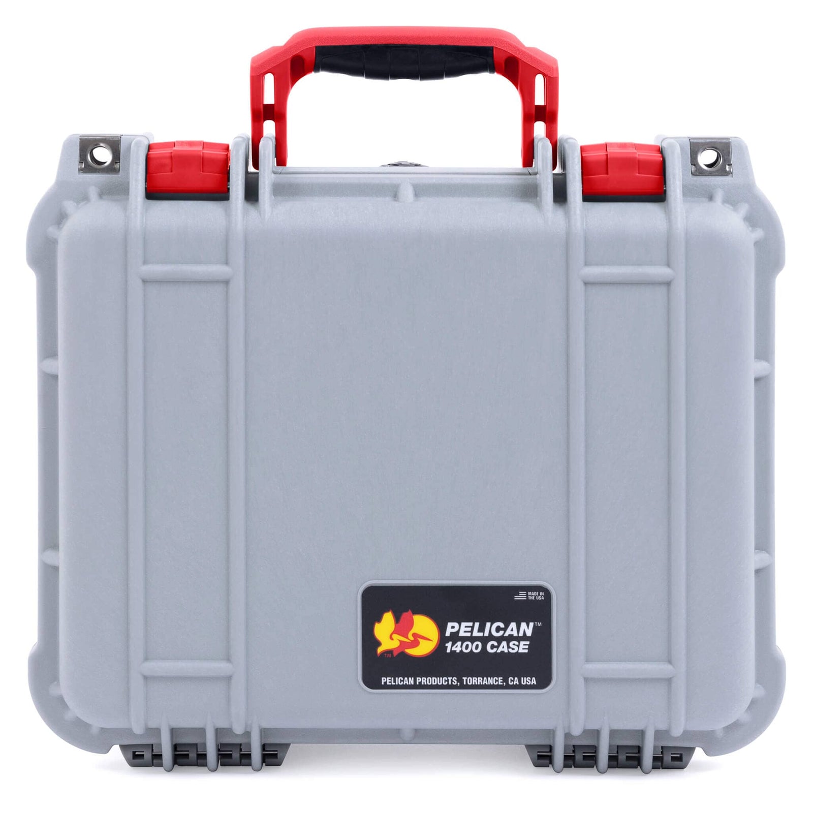 Pelican 1400 Case, Silver with Red Handle & Latches ColorCase
