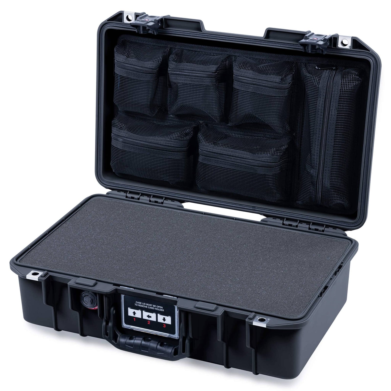 Pelican 1485 Air Case, Black with Black Handle & TSA Locking Latches Pick & Pluck Foam with Mesh Lid Organizer ColorCase 014850-0101-110-L10