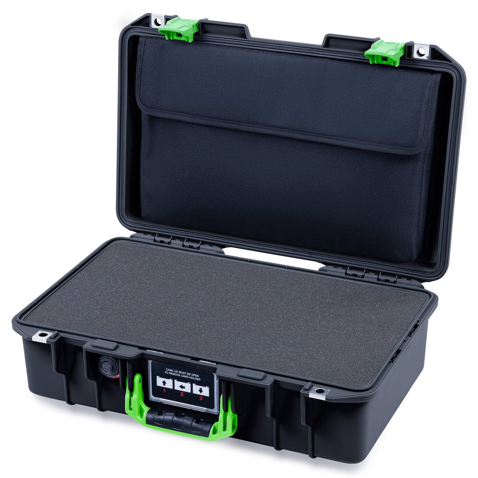 Pelican 1485 Air Case, Black with Lime Green Latches Pick & Pluck Foam with Computer Pouch ColorCase 014850-0201-110-301