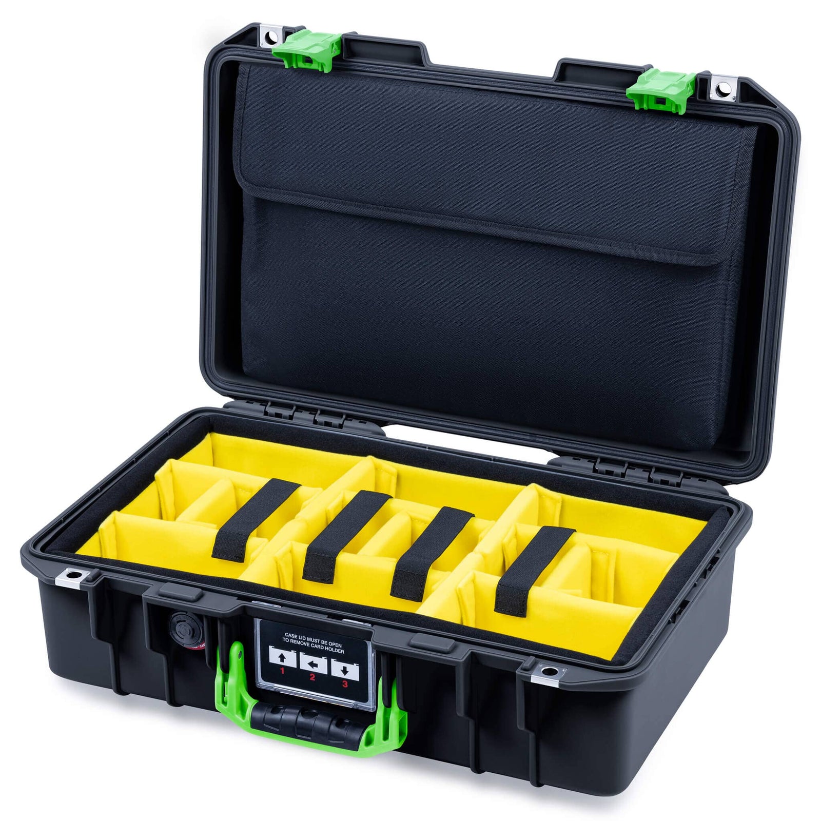 Pelican 1485 Air Case, Black with Lime Green Latches Yellow Padded Microfiber Dividers with Computer Pouch ColorCase 014850-0210-110-301