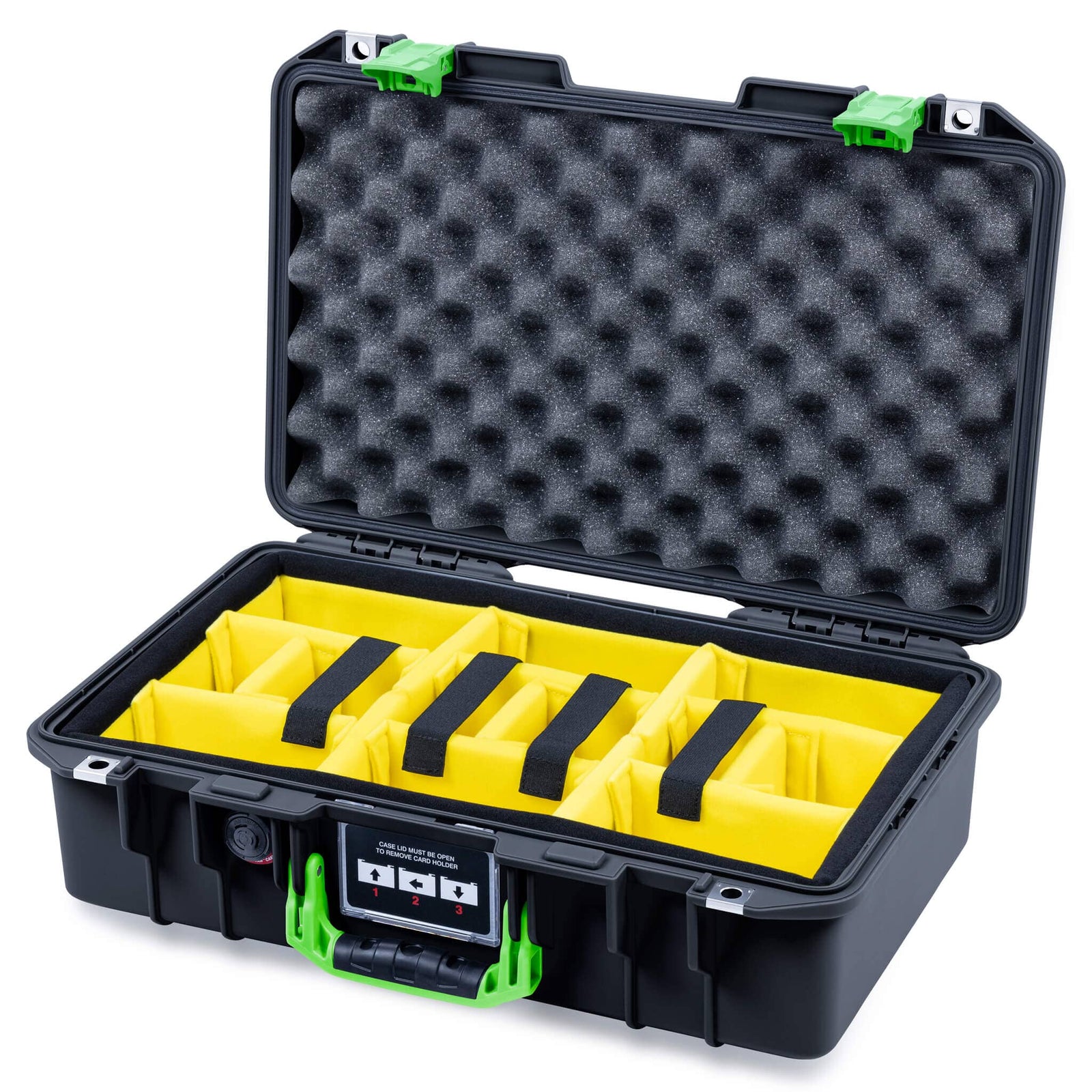Pelican 1485 Air Case, Black with Lime Green Latches Yellow Padded Microfiber Dividers with Convolute Lid Foam ColorCase 014850-0010-110-301