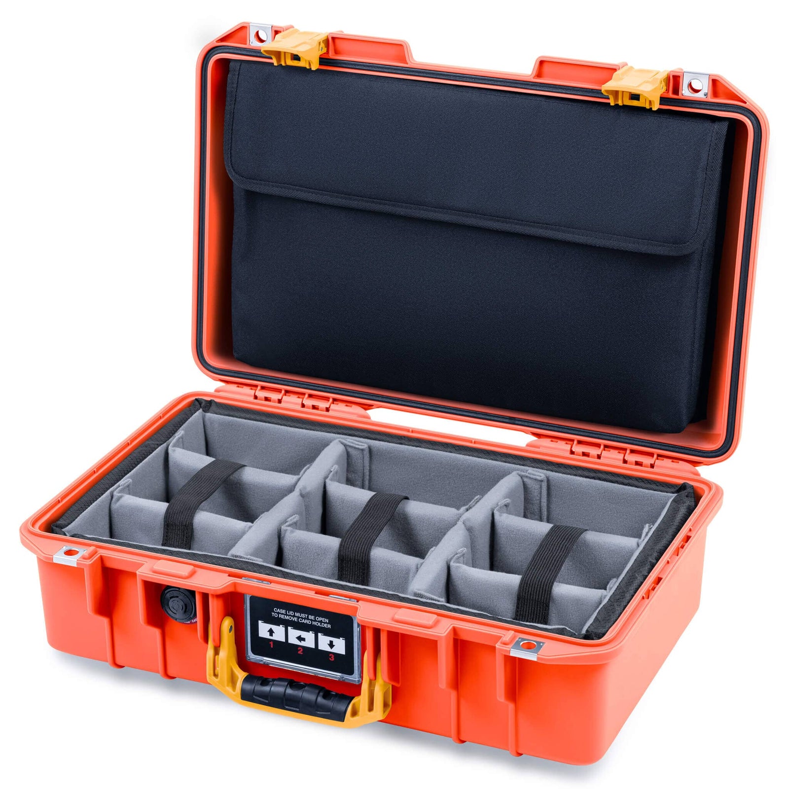 Pelican 1485 Air Case, Orange with Yellow Handle & Latches Gray Padded Microfiber Dividers with Laptop Computer Lid Pouch ColorCase 014850-0270-150-241