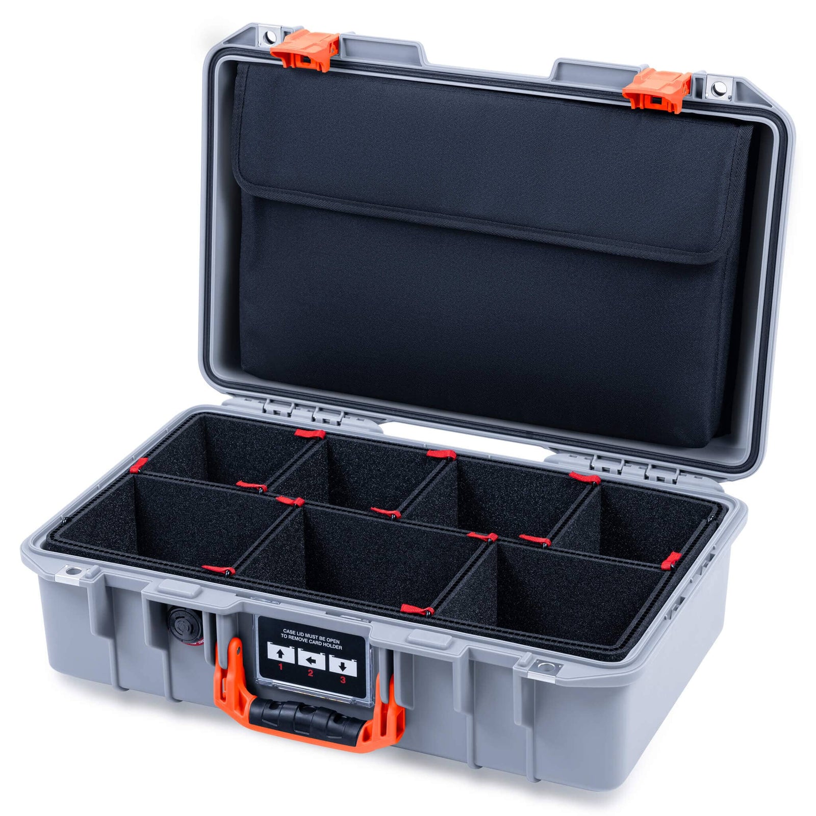 Pelican 1485 Air Case, Silver with Orange Latches TrekPak Divider System with Computer Pouch ColorCase 014850-0220-180-151