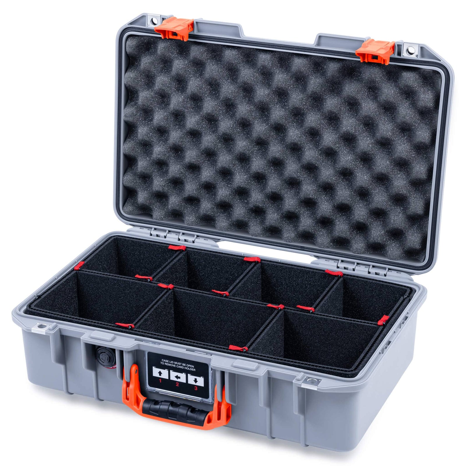 Pelican 1485 Air Case, Silver with Orange Latches TrekPak Divider System with Convolute Lid Foam ColorCase 014850-0020-180-151
