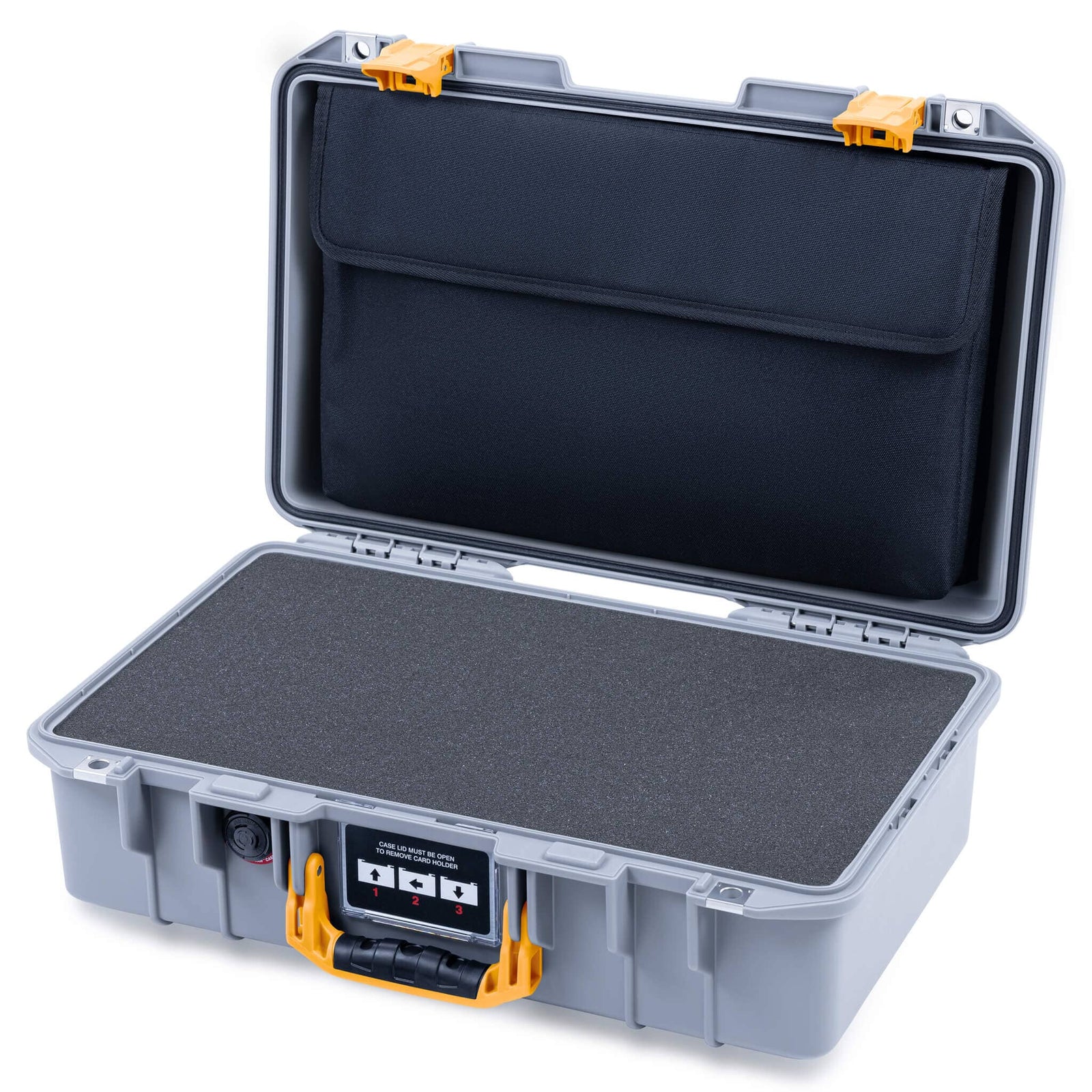 Pelican 1485 Air Case, Silver with Yellow Latches Pick & Pluck Foam with Computer Pouch ColorCase 014850-0201-180-241