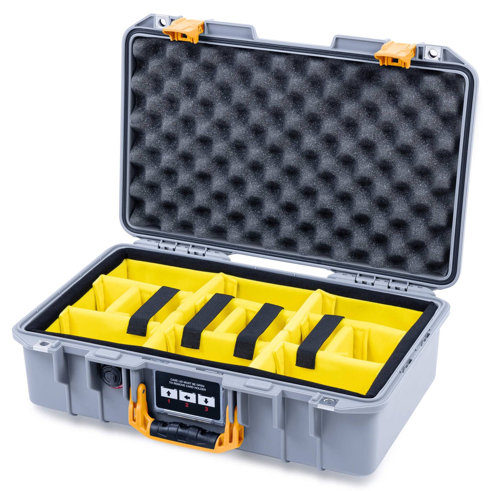 Pelican 1485 Air Case, Silver with Yellow Latches Yellow Padded Microfiber Dividers with Convolute Lid Foam ColorCase 014850-0010-180-241