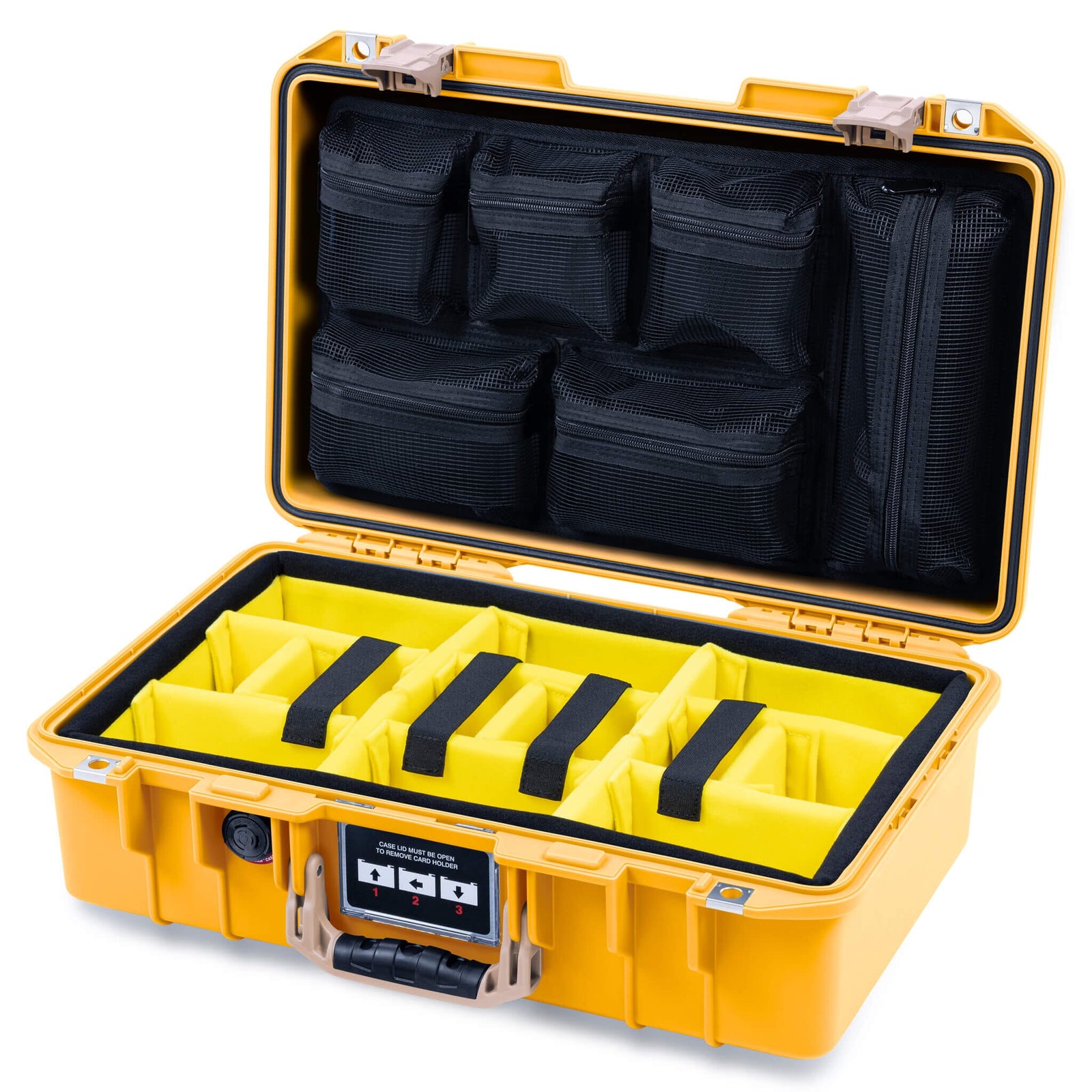 Pelican 1485 Air Case, Yellow with Desert Tan Handle & Latches Yellow Padded Microfiber Dividers with Mesh Lid Organizer ColorCase 014850-0110-240-311