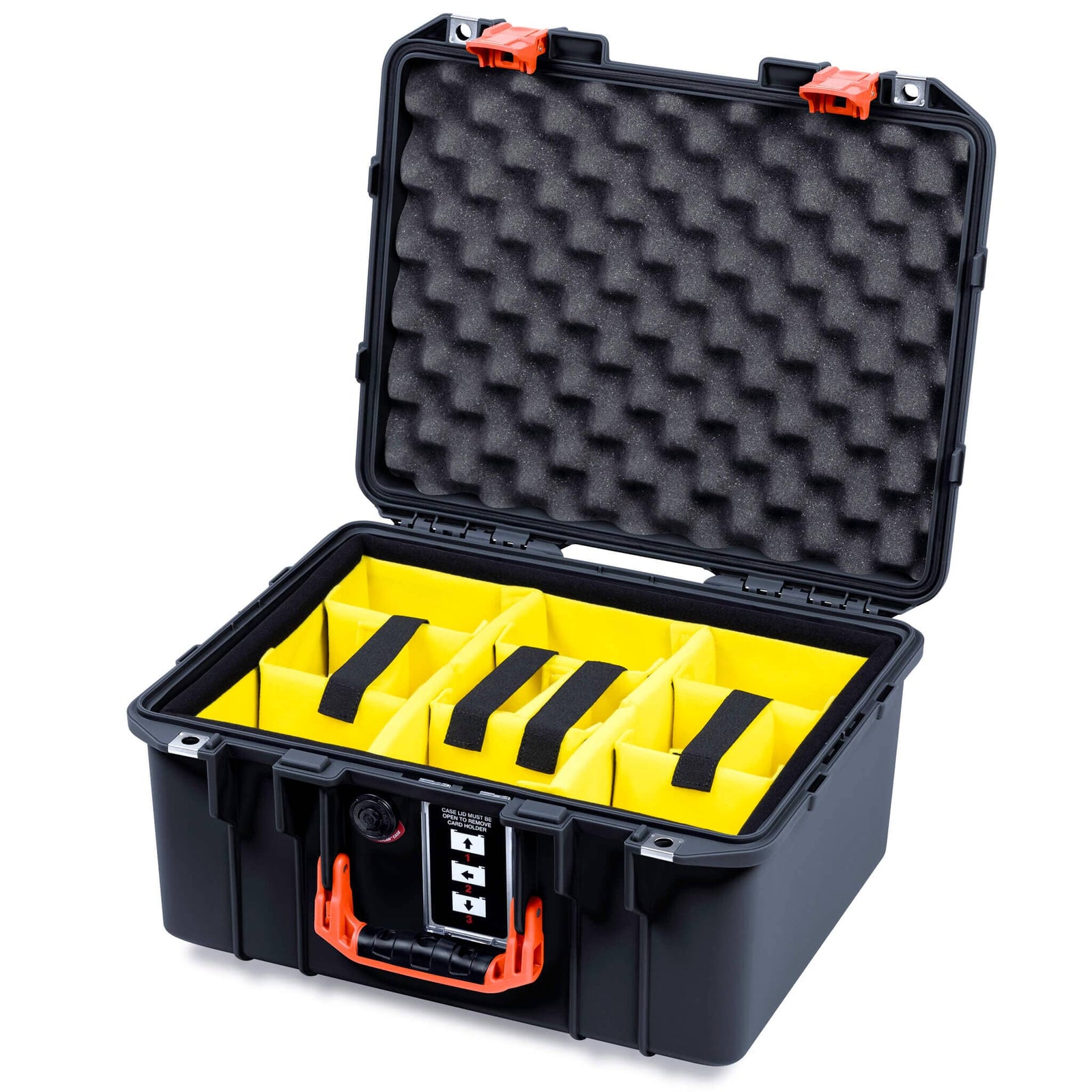 Pelican 1507 Air Case, Black with Orange Handle & Latches Yellow Padded Microfiber Dividers with Convolute Lid Foam ColorCase 015070-0010-110-151