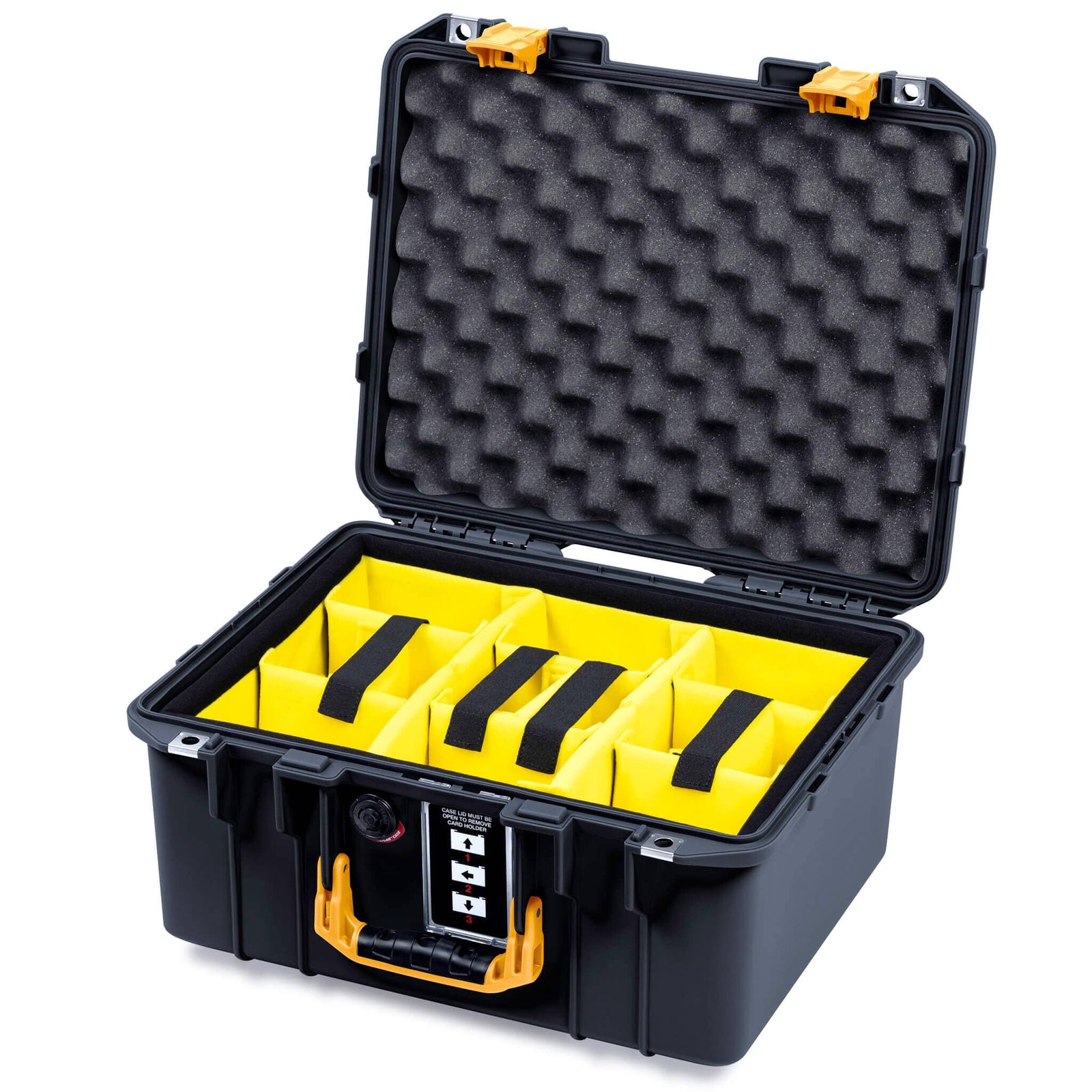 Pelican 1507 Air Case, Black with Yellow Handle & Latches Yellow Padded Microfiber Dividers with Convolute Lid Foam ColorCase 015070-0010-110-241
