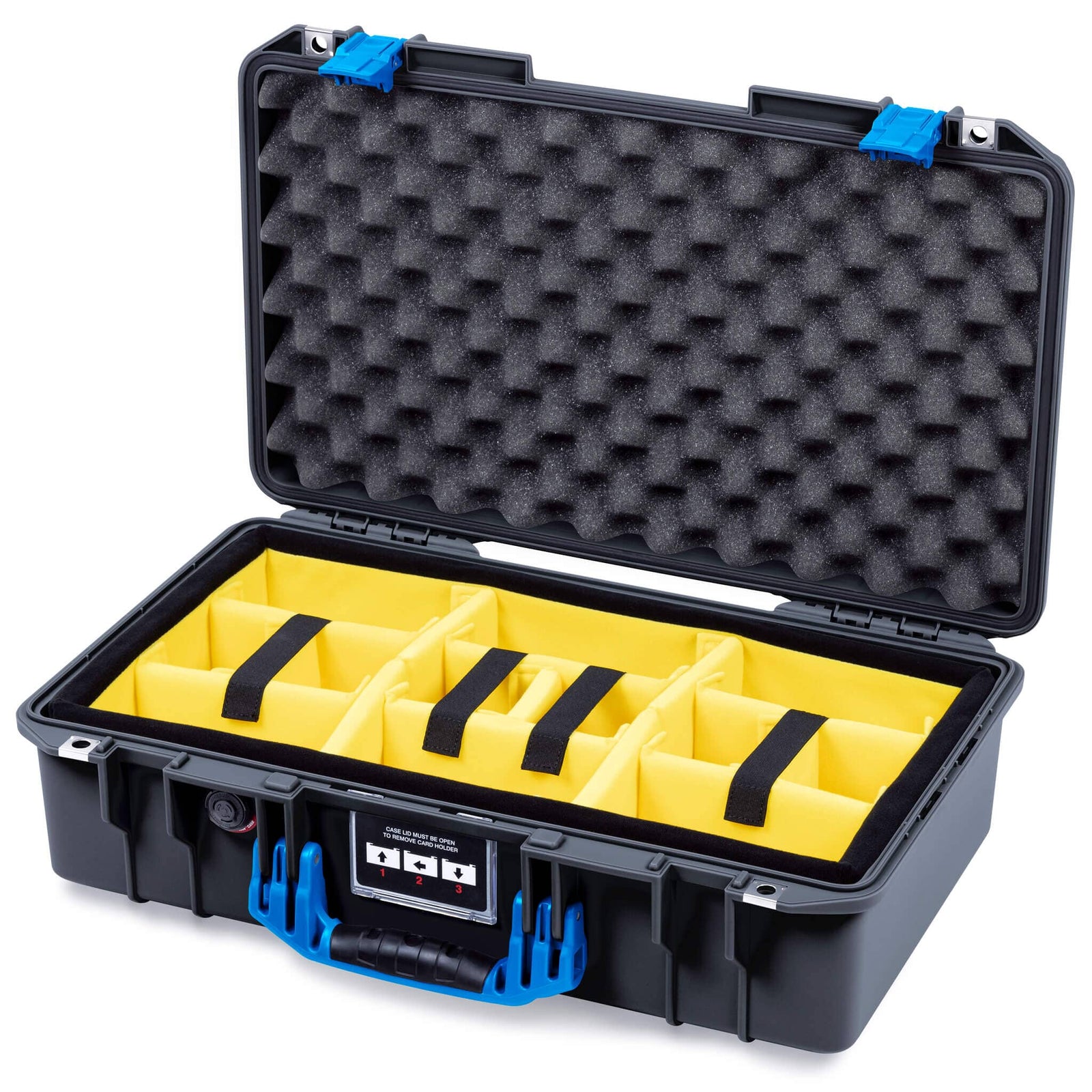 Pelican 1525 Air Case, Black with Blue Handle & Latches Yellow Padded Microfiber Dividers with Convolute Lid Foam ColorCase 015250-0010-110-121