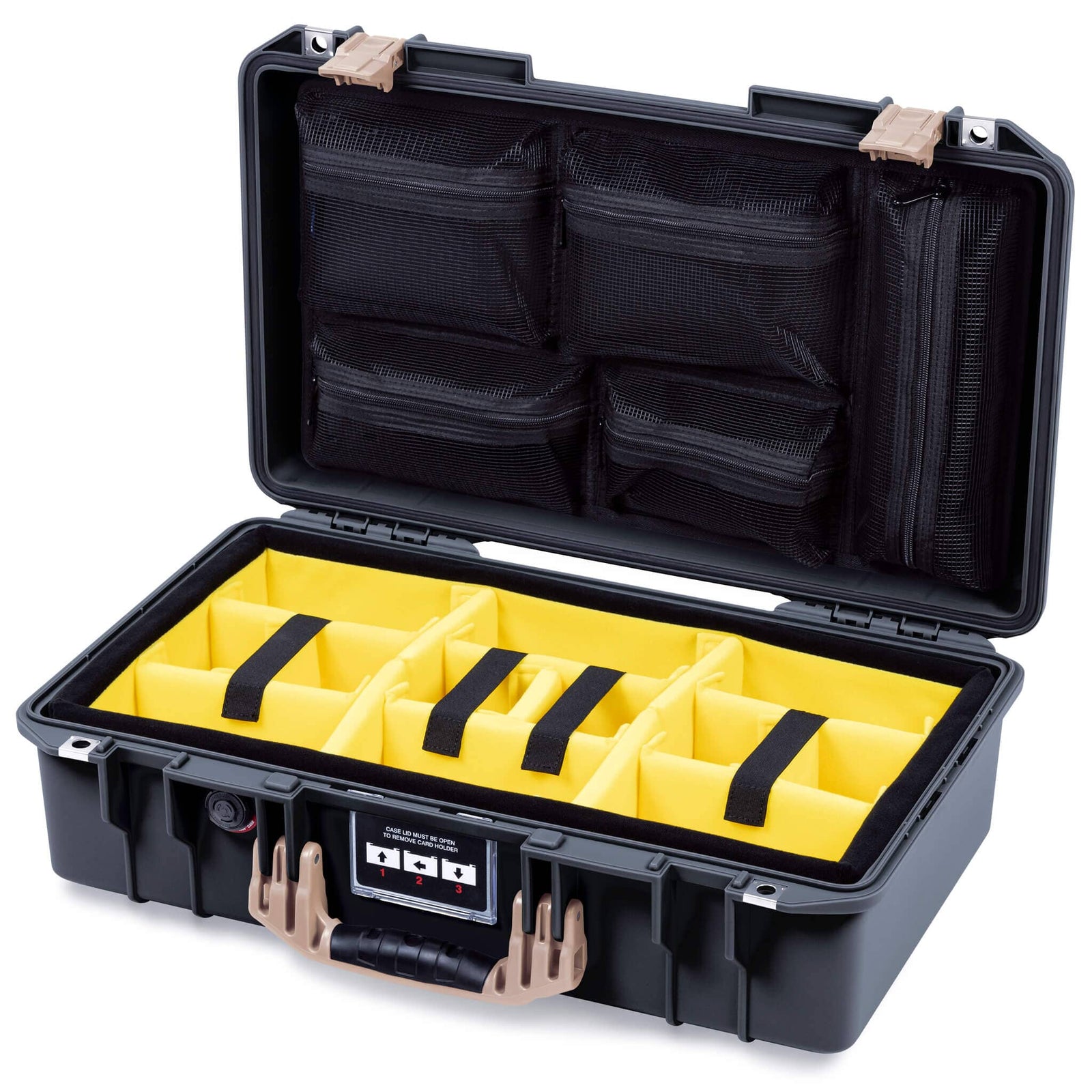 Pelican 1525 Air Case, Black with Desert Tan Handle & Latches Yellow Padded Microfiber Dividers with Mesh Lid Organizer ColorCase 015250-0110-110-311