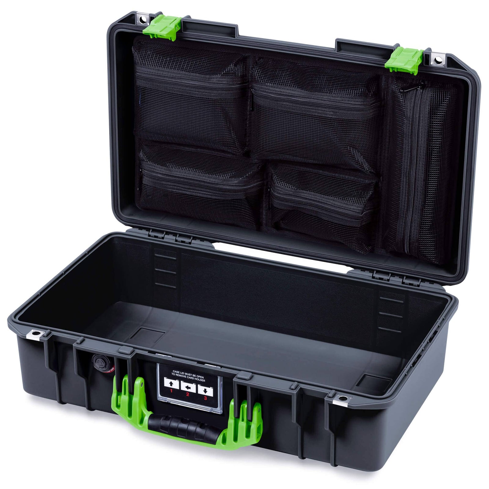Pelican 1525 Air Case, Black with Lime Green Handle & Latches Mesh Lid Organizer Only ColorCase 015250-0100-110-301