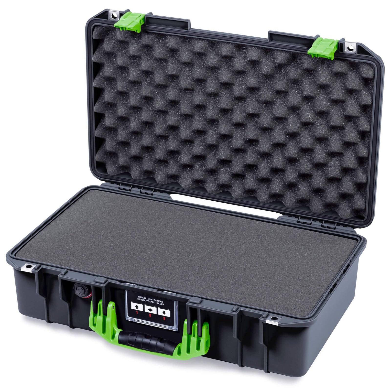 Pelican 1525 Air Case, Black with Lime Green Handle & Latches Pick & Pluck Foam with Convolute Lid Foam ColorCase 015250-0001-110-301