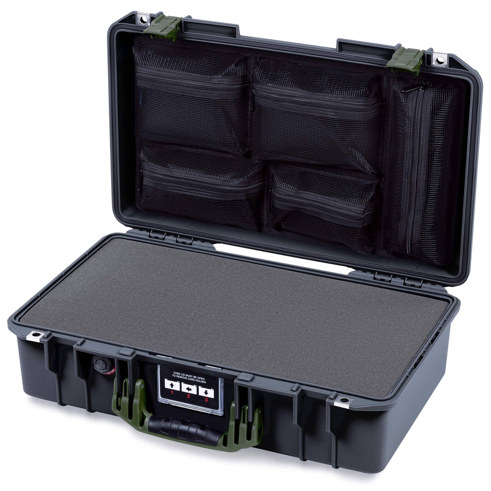 Pelican 1525 Air Case, Black with OD Green Handle & Latches Pick & Pluck Foam with Mesh Lid Organizer ColorCase 015250-0101-110-131