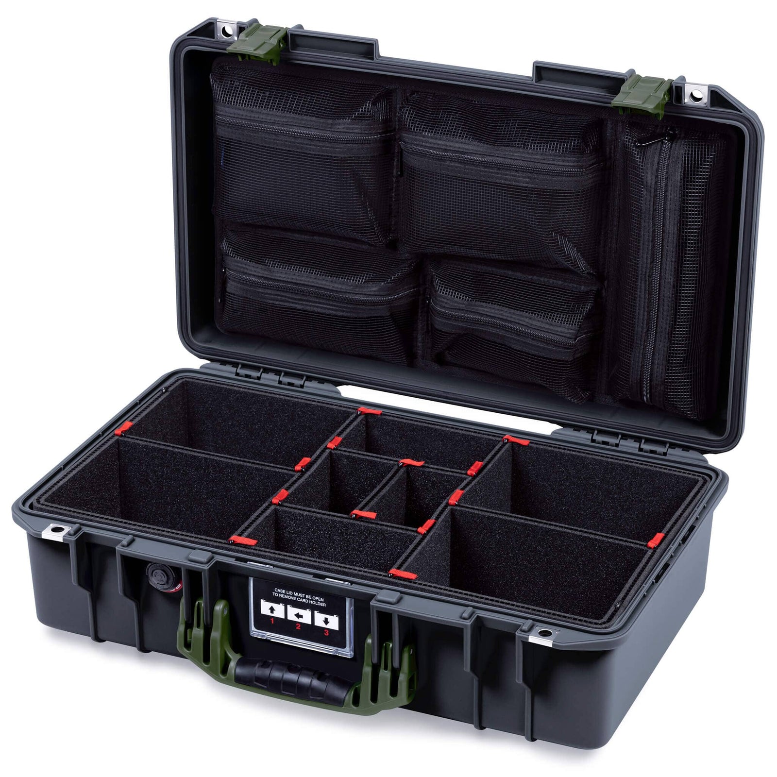 Pelican 1525 Air Case, Black with OD Green Handle & Latches TrekPak Divider System with Mesh Lid Organizer ColorCase 015250-0120-110-131