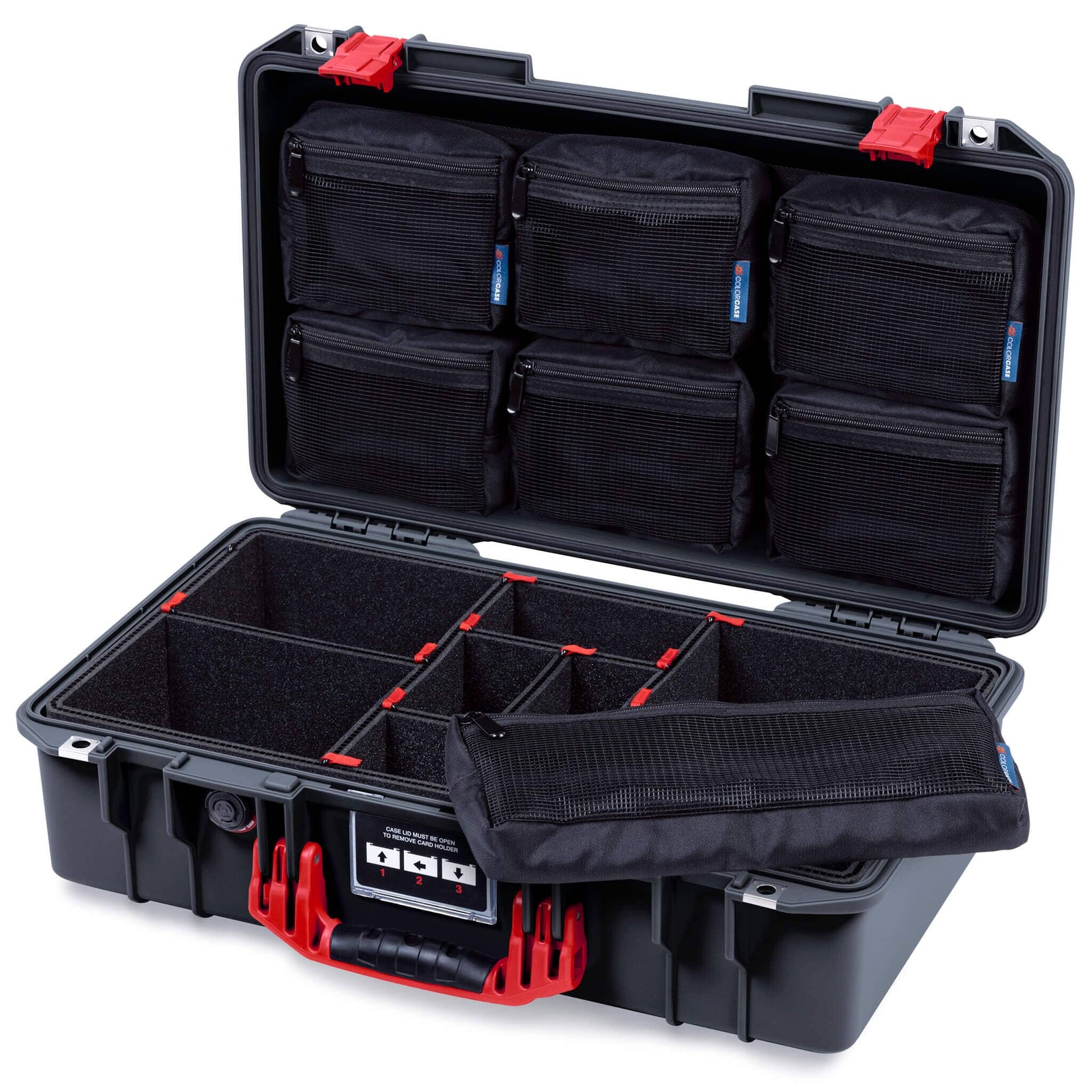 Pelican 1525 Air Case, Black with Red Handle & Latches TrekPak Divider System with Mesh Lid Organizer ColorCase 015250-0120-110-321