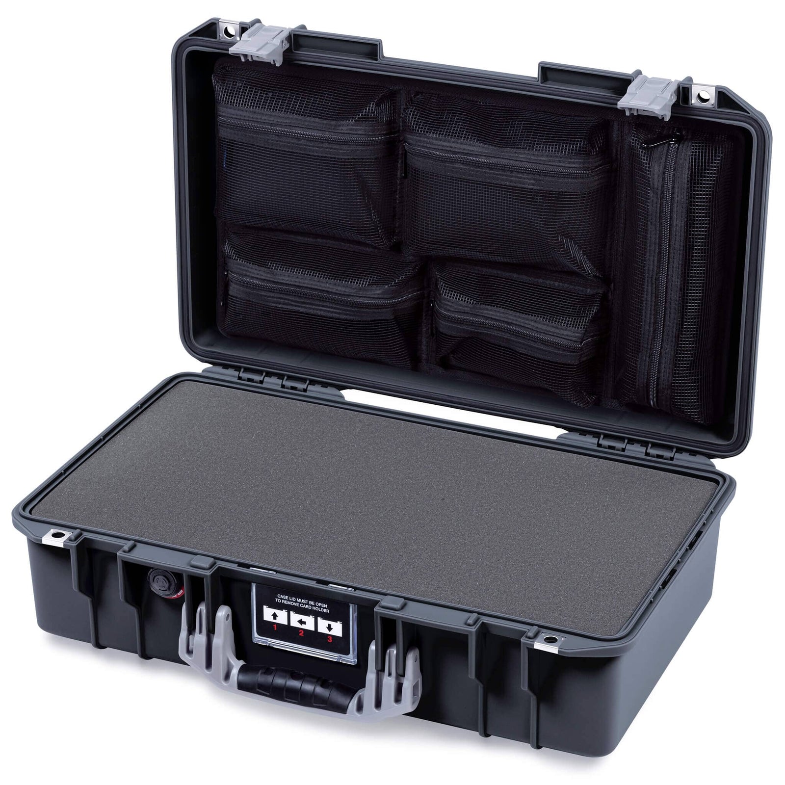 Pelican 1525 Air Case, Black with Silver Handle & Latches Pick & Pluck Foam with Mesh Lid Organizer ColorCase 015250-0101-110-181