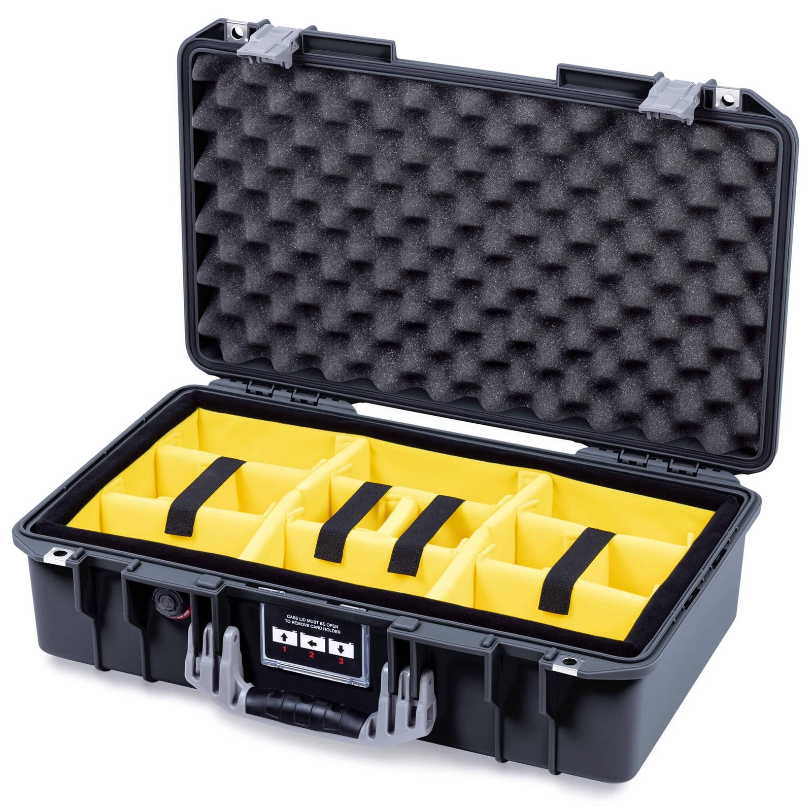 Pelican 1525 Air Case, Black with Silver Handle & Latches Yellow Padded Microfiber Dividers with Convolute Lid Foam ColorCase 015250-0010-110-181