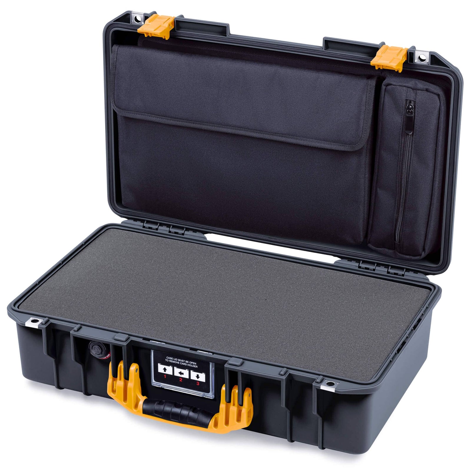 Pelican 1525 Air Case, Black with Yellow Handle & Latches Pick & Pluck Foam with Laptop Computer Pouch ColorCase 015250-0201-110-241