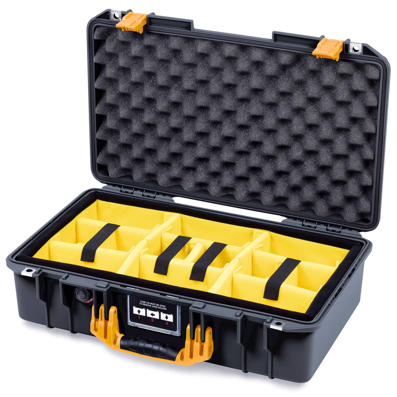 Pelican 1525 Air Case, Black with Yellow Handle & Latches Yellow Padded Microfiber Dividers with Convolute Lid Foam ColorCase 015250-0010-110-241
